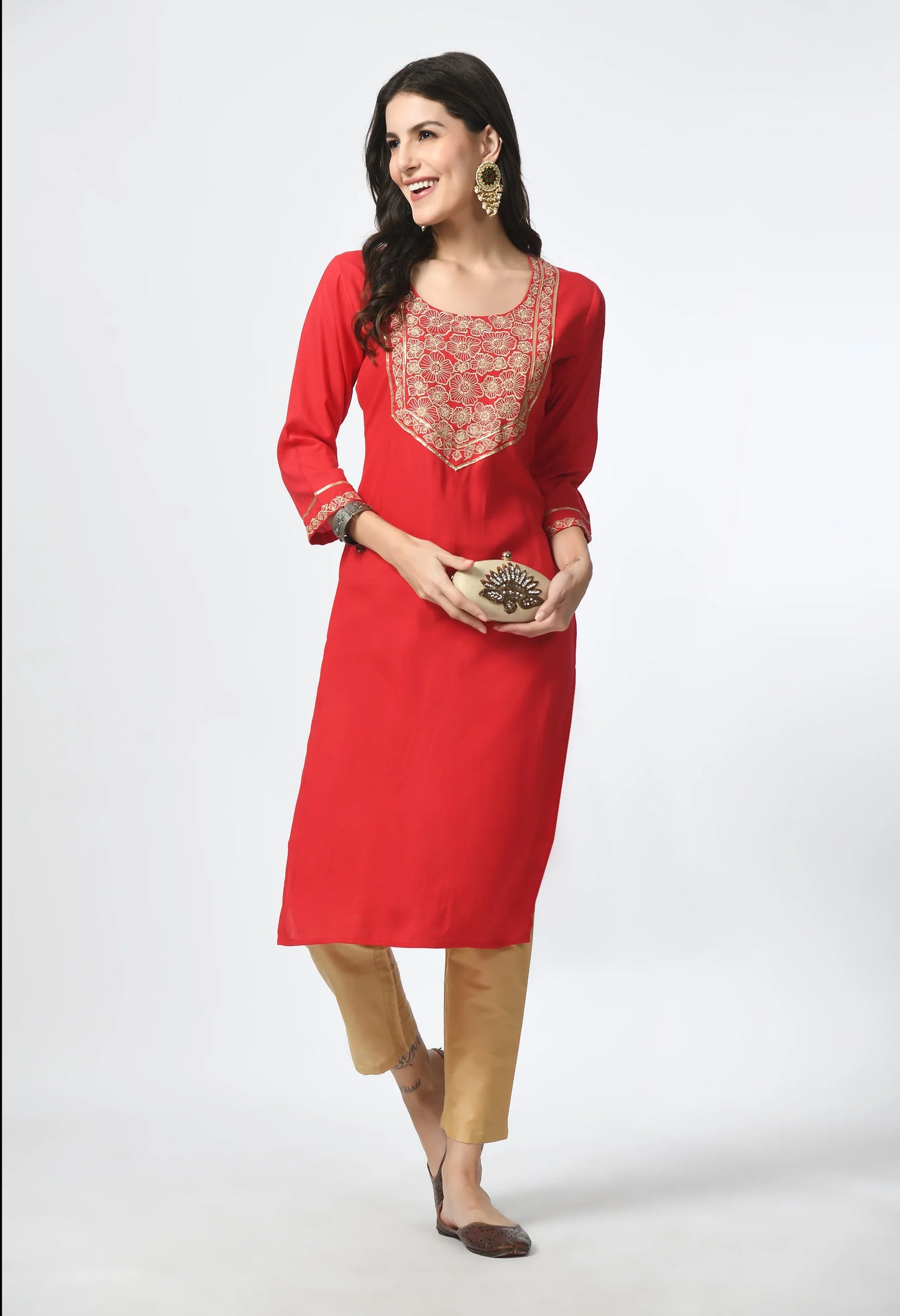 MAURYA Women's Red Rayon Solid Straight Kurta with Computer Embroidery Kurti (MKT115)
