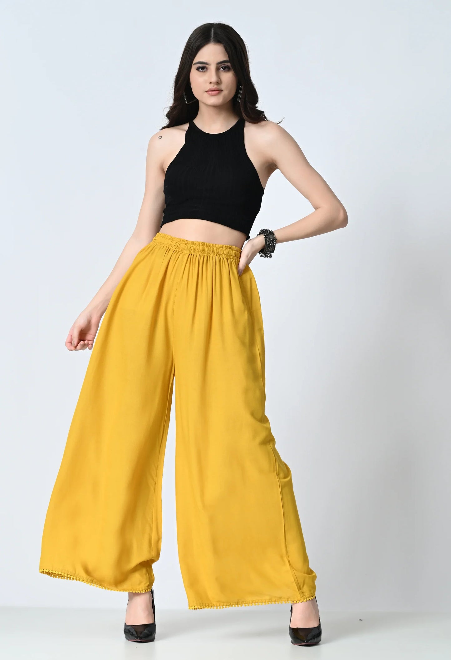 MAURYA Women's Mustard Flared Maxi Palazzo with Elastic Waistband, 39 cm Length (MPL031)