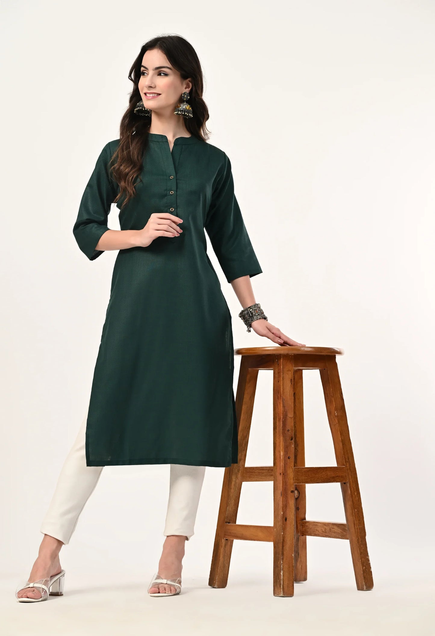 MAURYA Women's Bottel Green Cotton Blend Solid Straight Kurti (MKT141)