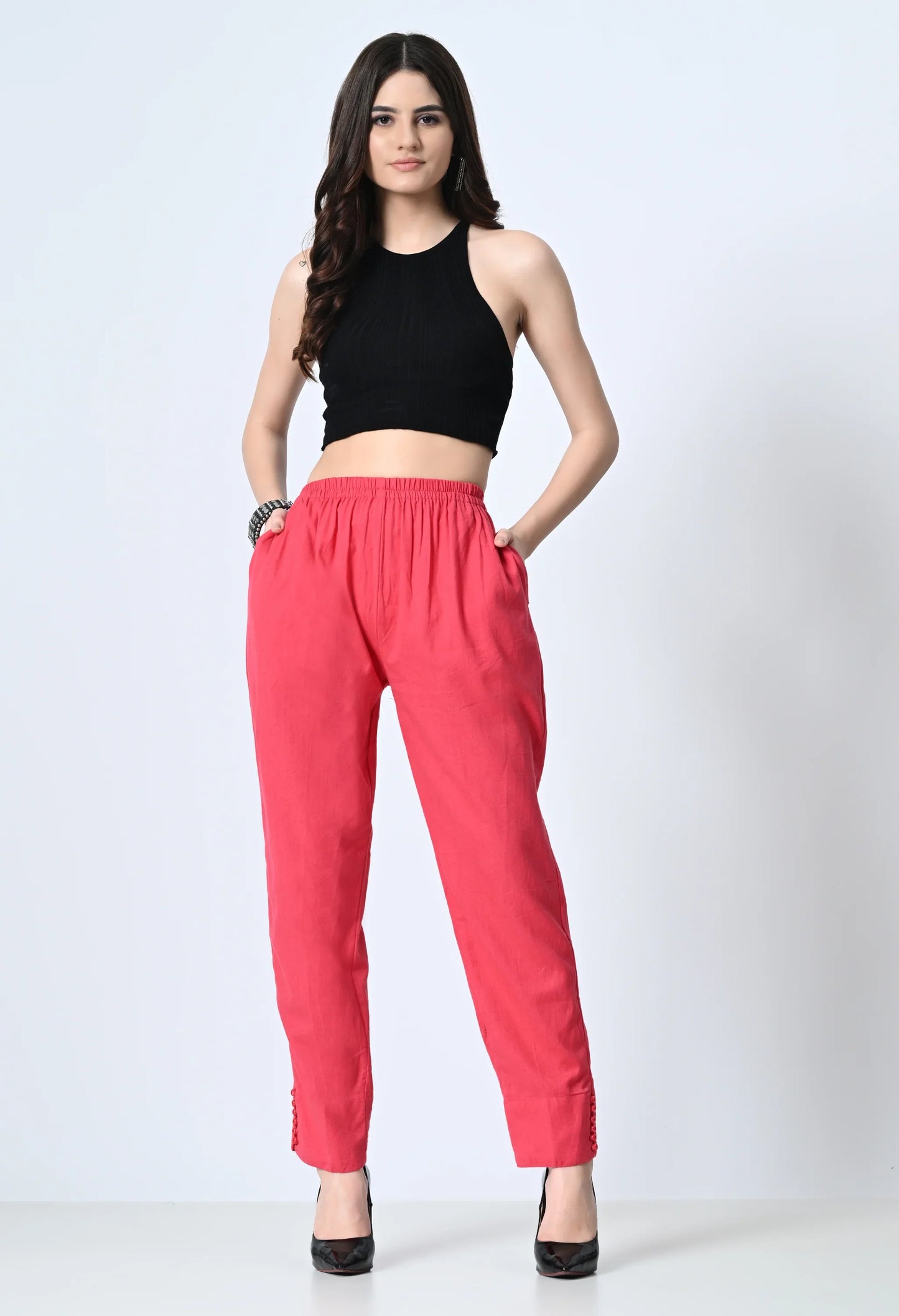 MAURYA Women's Pink 100% Cotton Full-Elasticated Waist Regular Pant with 2 Side Pockets (MPT010)