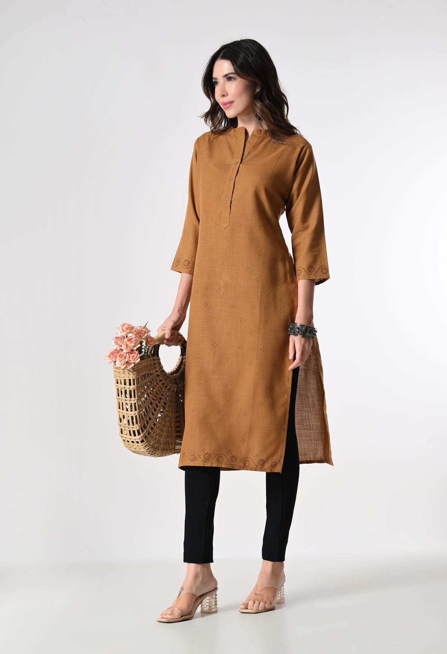 MAURYA Women's Cotton Blend Printed Coffee Calf Length High Neck Straight Kurta
