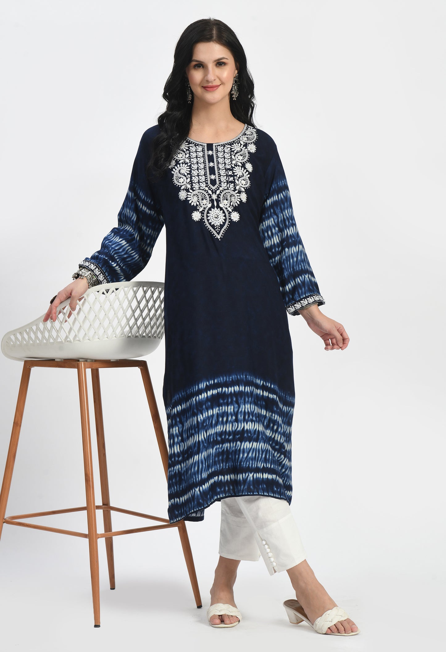 MAURYA Women's Navy Rayon Solid Straight Kurta with Lucknavy Embroidery Moti Work Kurti (MKT114)