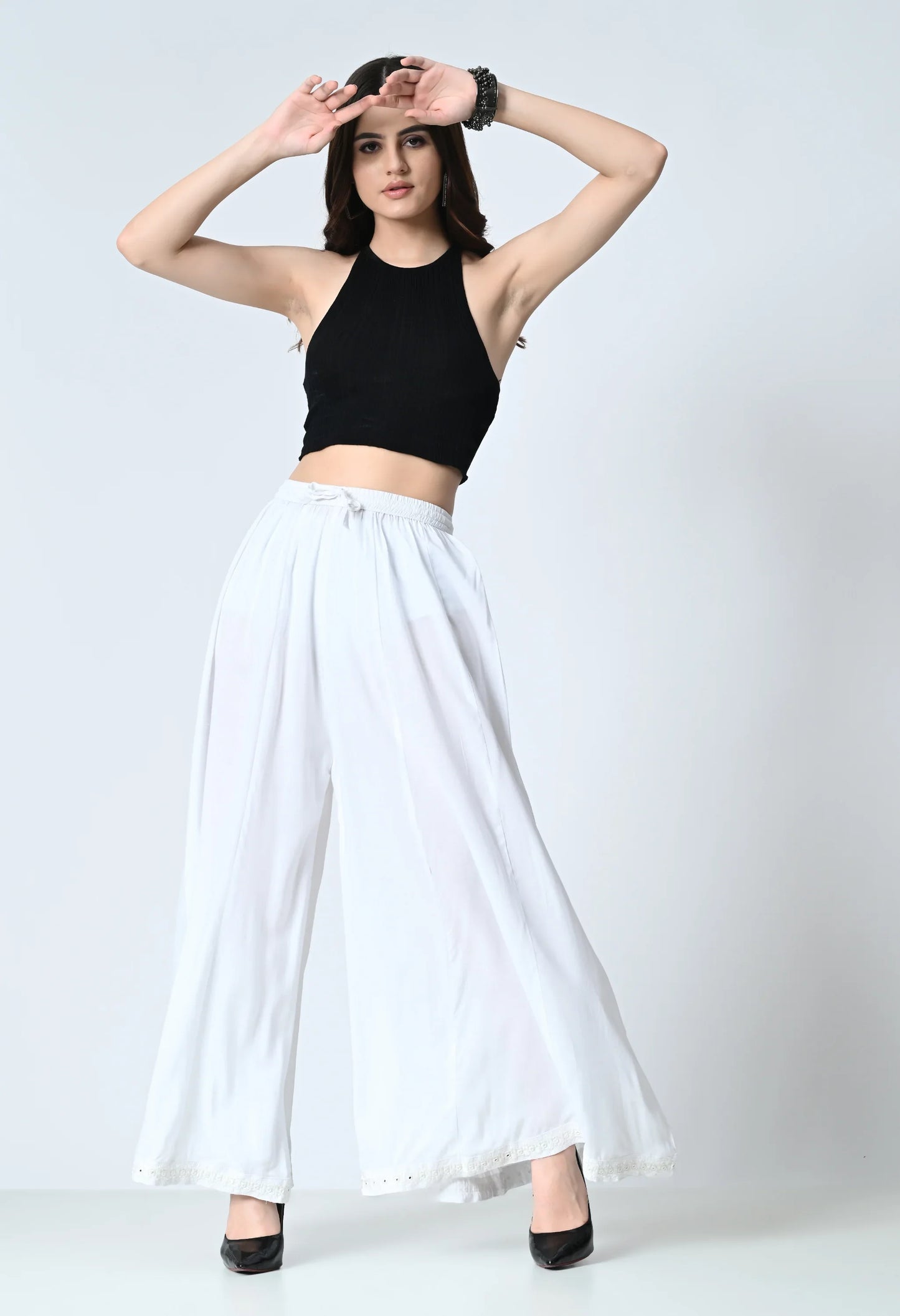 MAURYA Women's White Flared Maxi Palazzo with Elastic Waistband, 39 cm Length (MPL027)