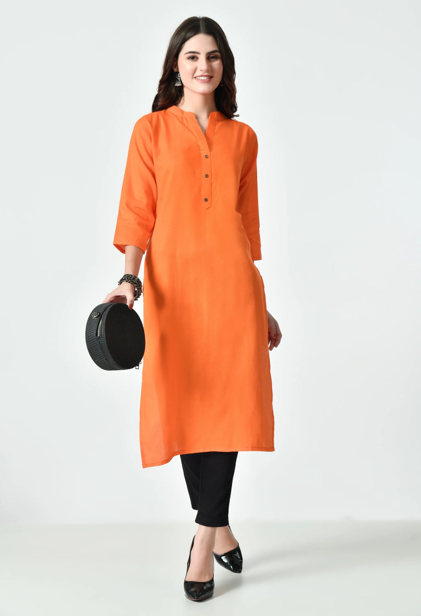 MAURYA Women's Orange Color Solid Cotton Blend Regular Straight Kurti (MKT129)