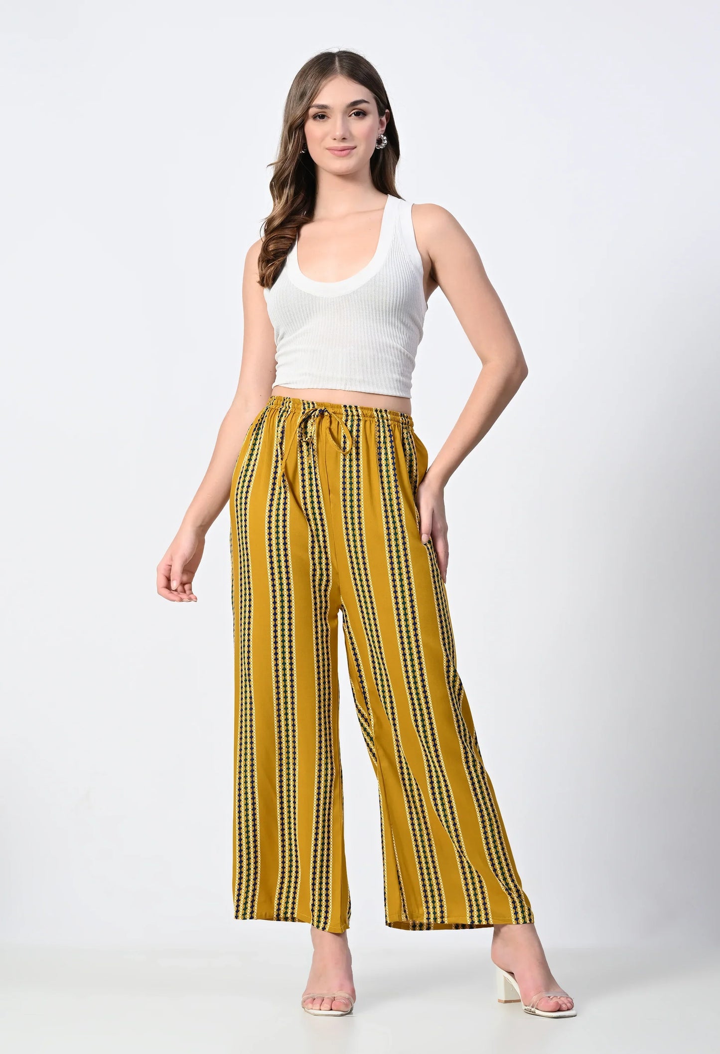 MAURYA Women's Rayon Mustard Striped Palazzo (MPL042)