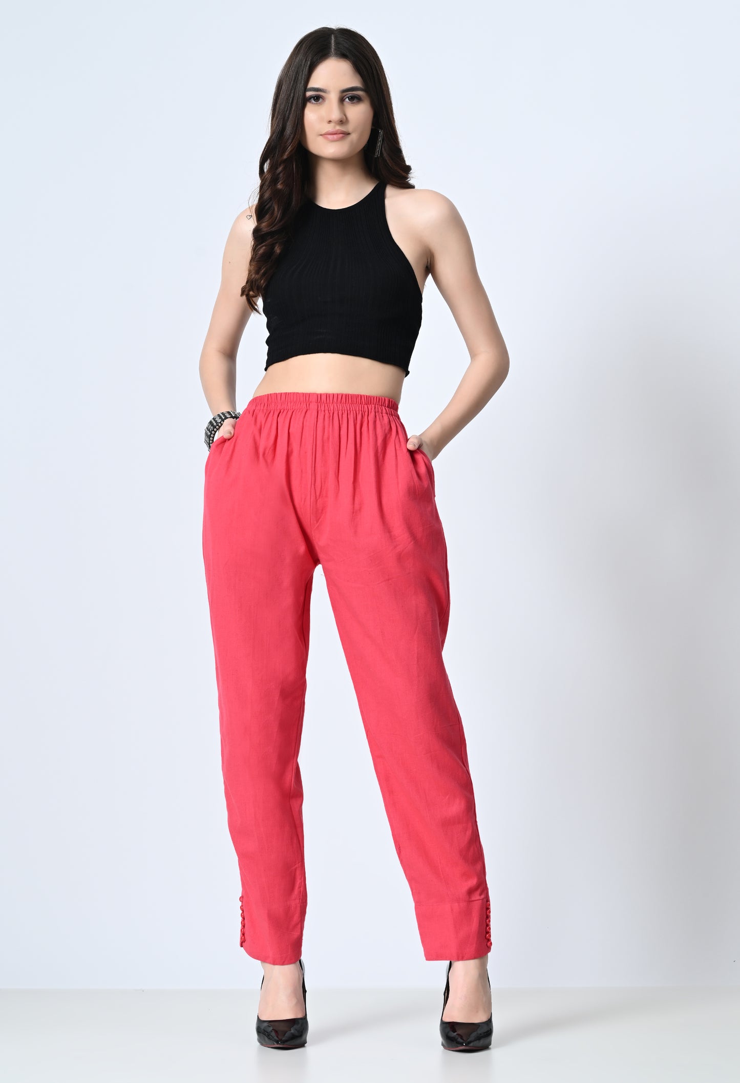 MAURYA Women’s Cotton Straight Fit Pants with Side Pockets & Button Detail