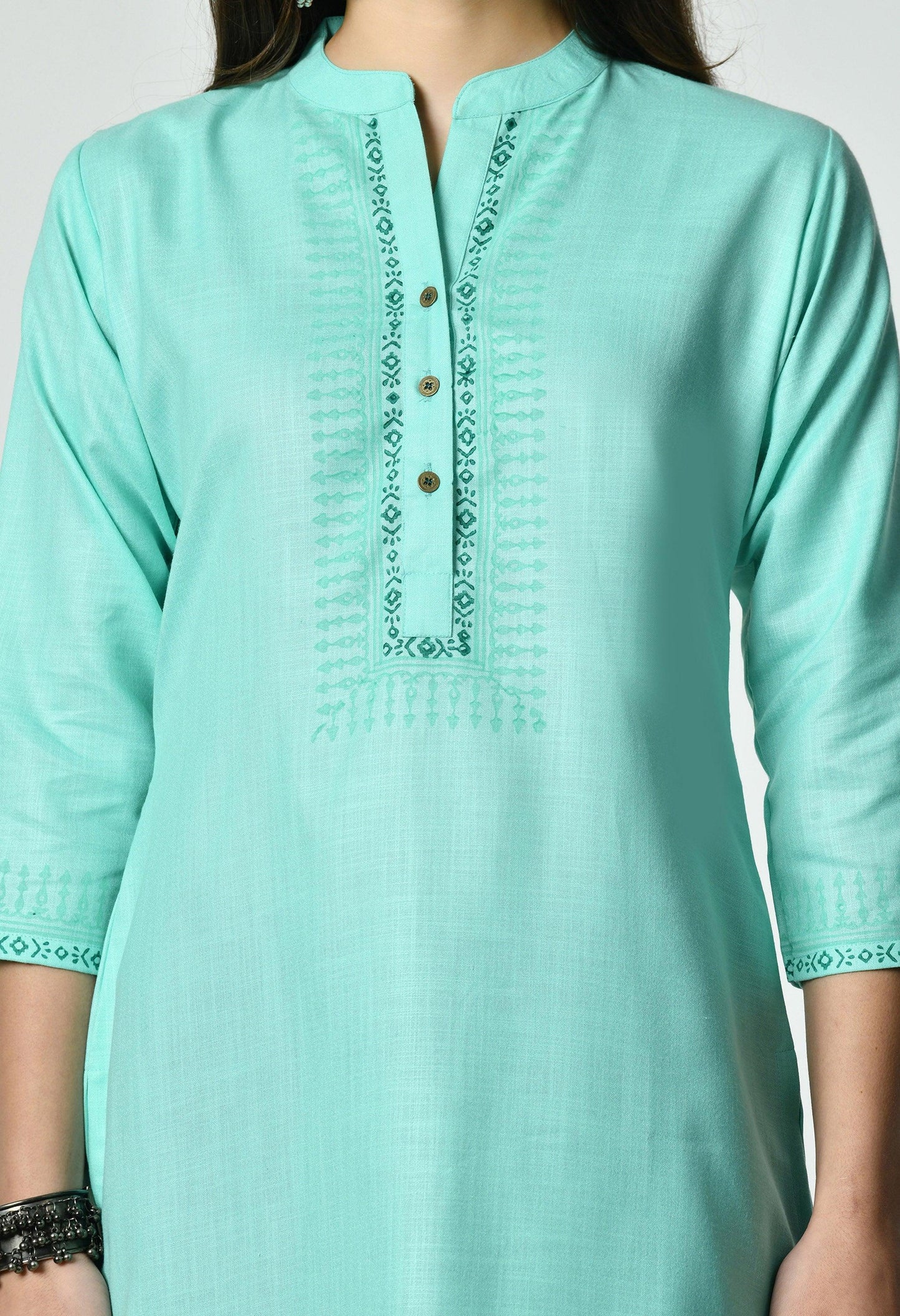 MAURYA Women's Aqua Blue Colour Printed Straight Cotton Kurti (MKT153)