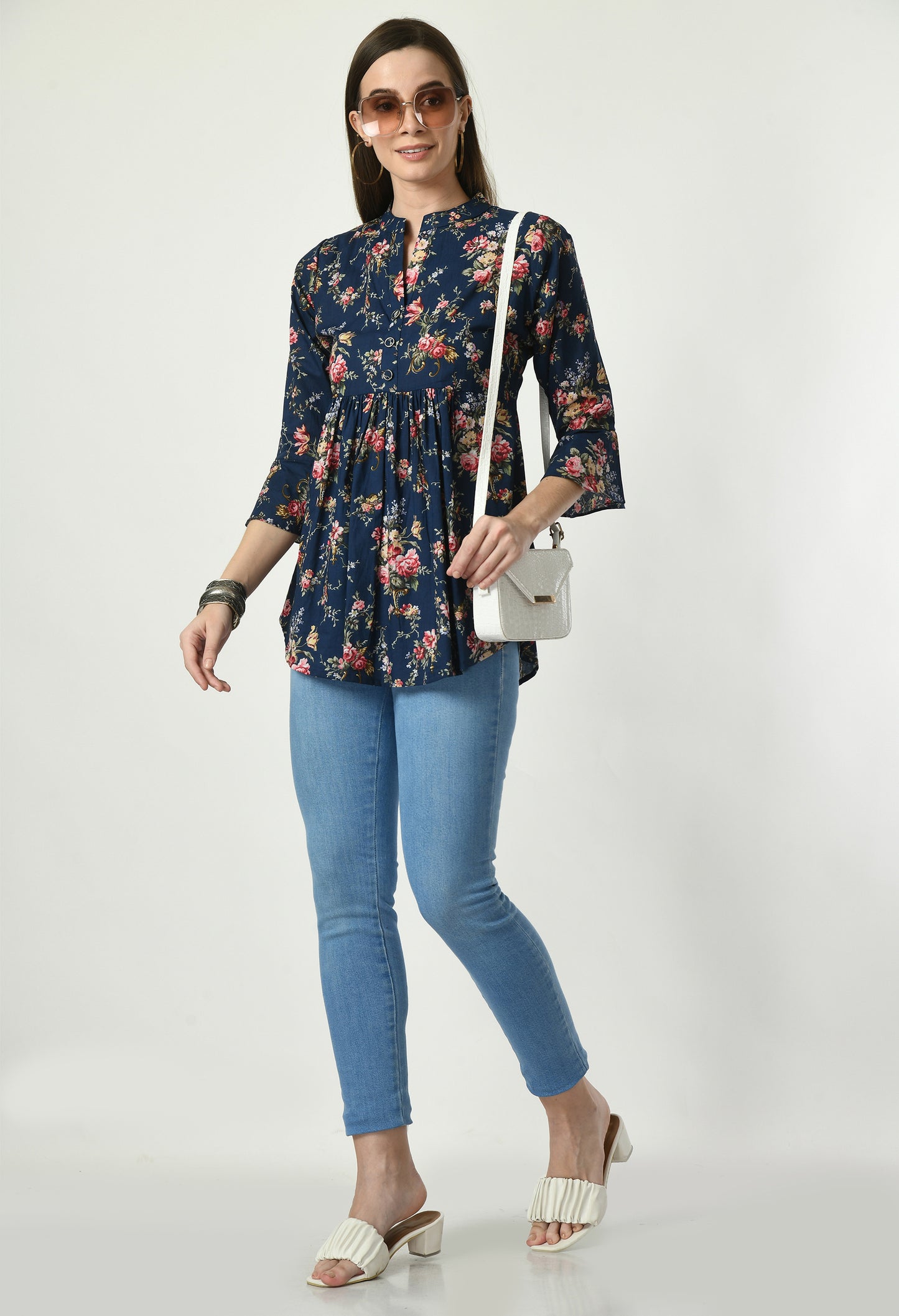 MAURYA Women's Blue Color Floral Print Regular V Neck Top (MTOP007)