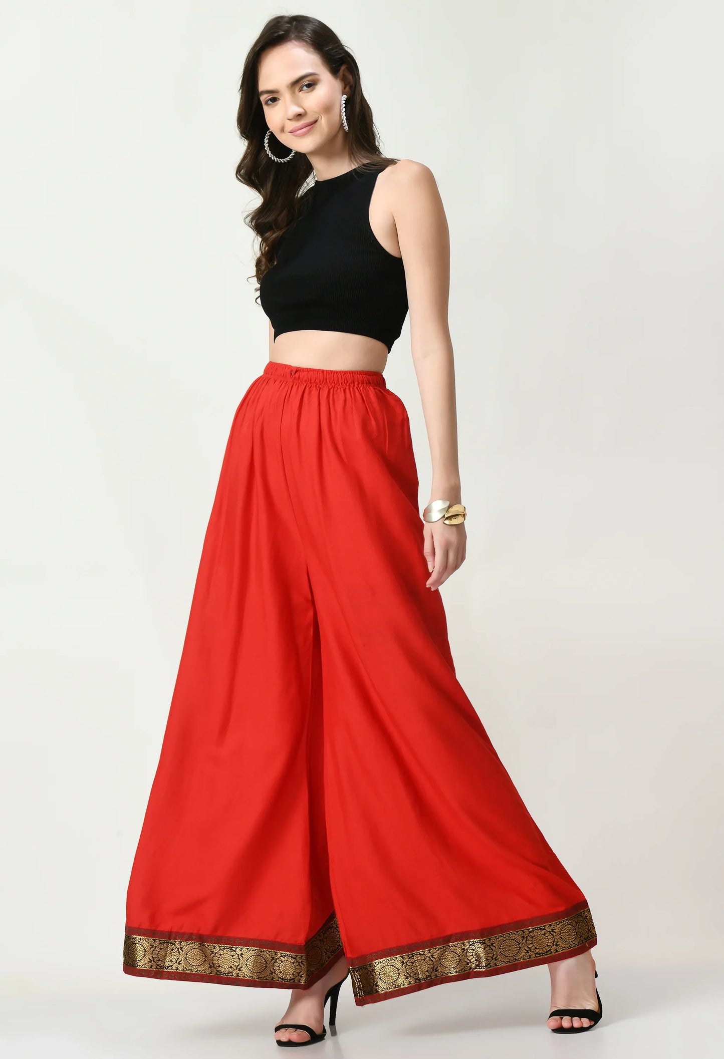 MAURYA Women's Red Solid Elasticated Loose Fit Lace Palazzo (MPL011)