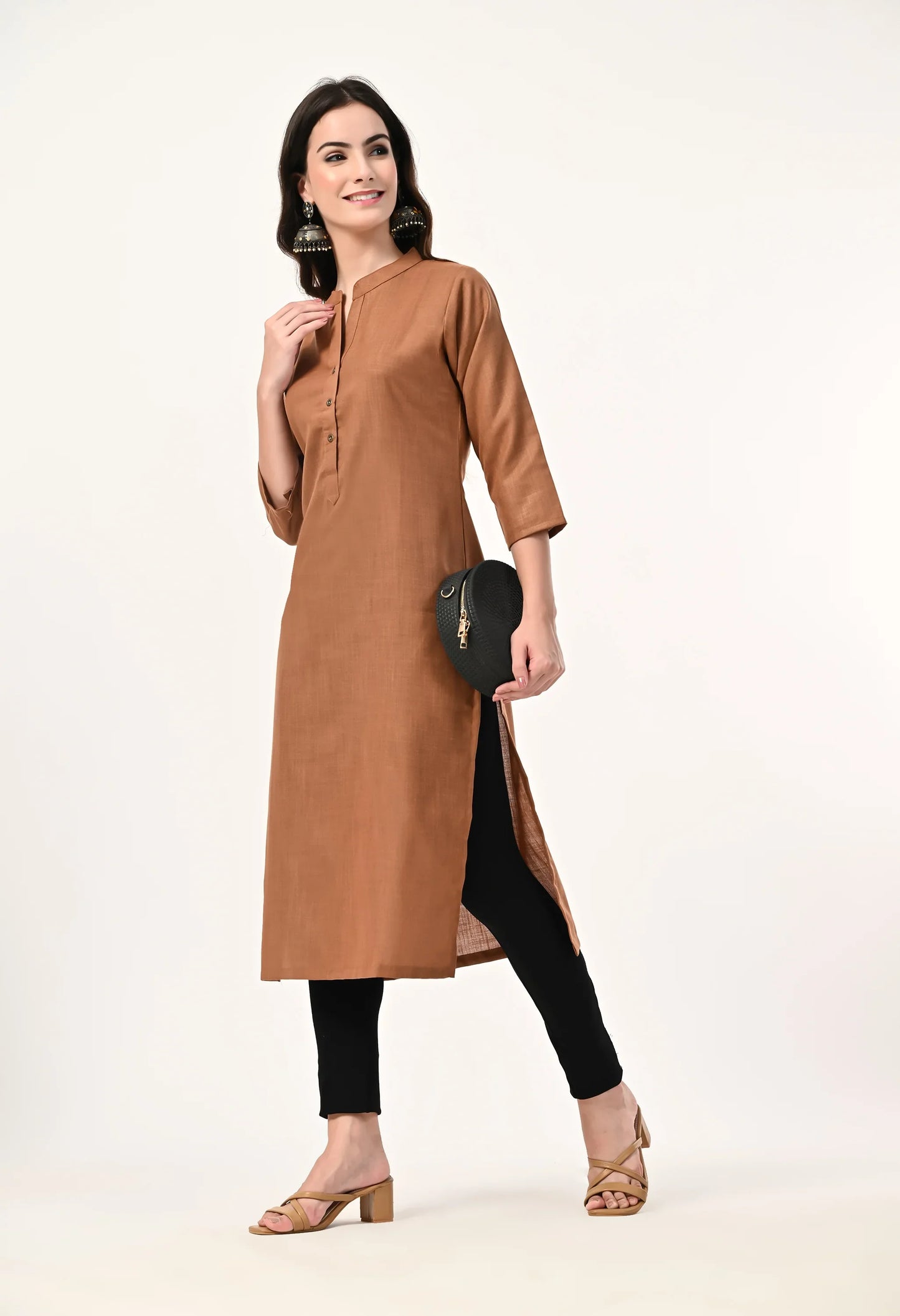 MAURYA Women's Coffee Cotton Blend Solid Straight Kurti (MKT142)