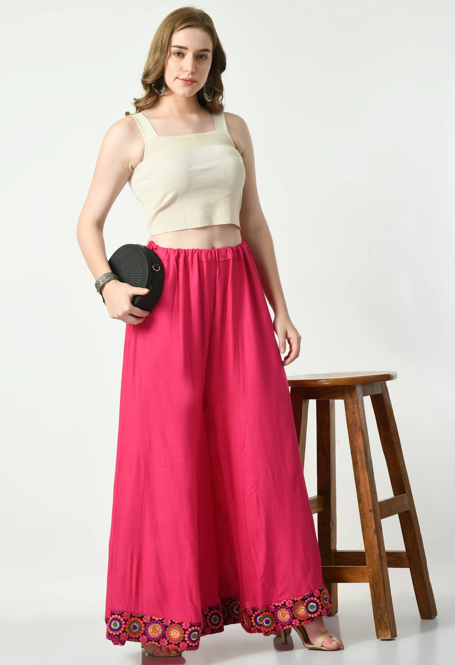 MAURYA Women's Pink Solid Elasticated Loose Fit Lace Palazzo (MPL018)