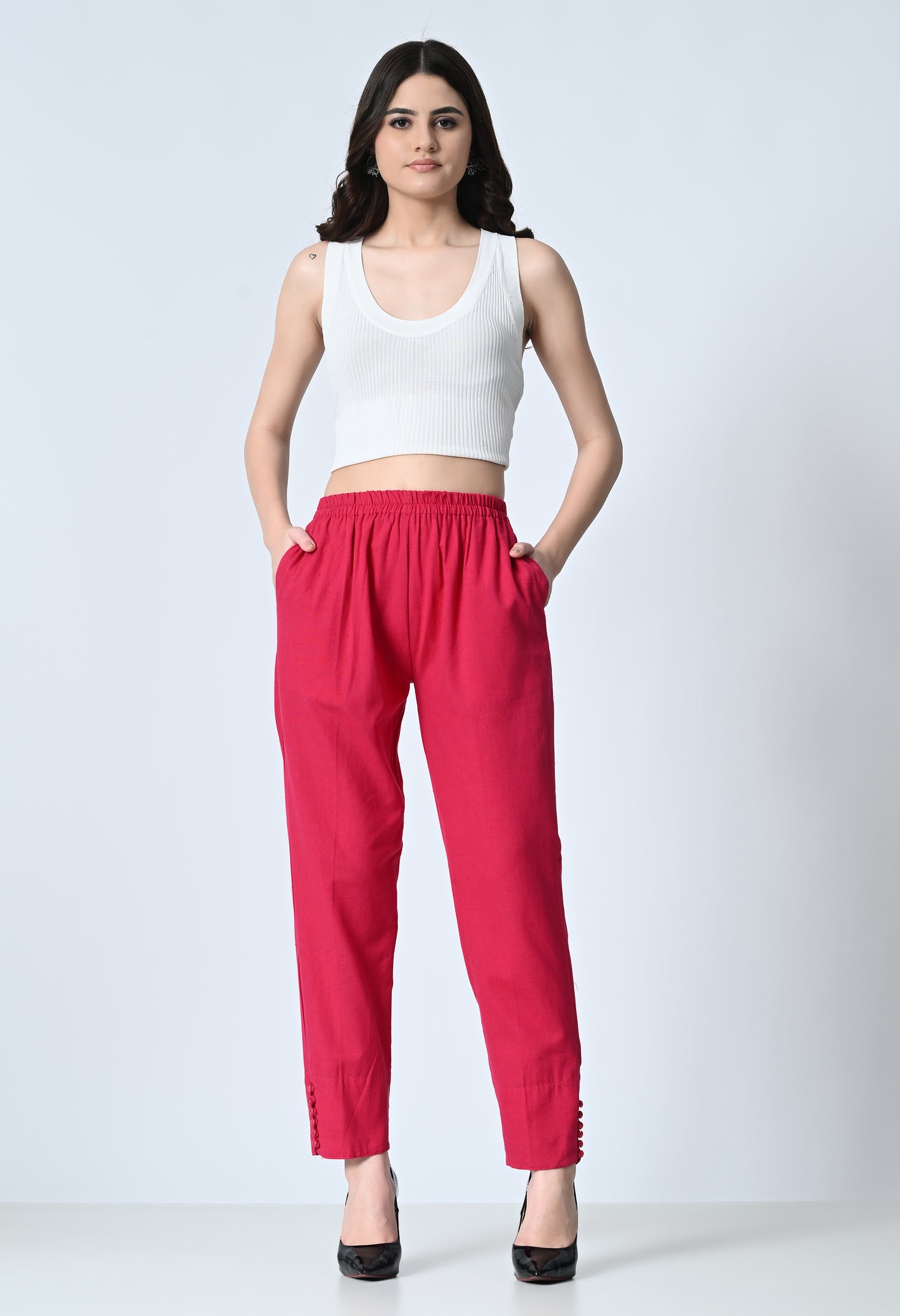 MAURYA Women’s Cotton Straight Fit Pants with Side Pockets & Button Detail