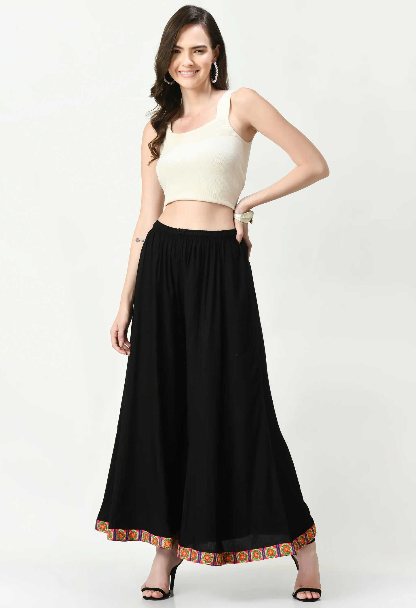 MAURYA Women's Black Solid Elasticated Loose Fit Lace Palazzo (MPL014)