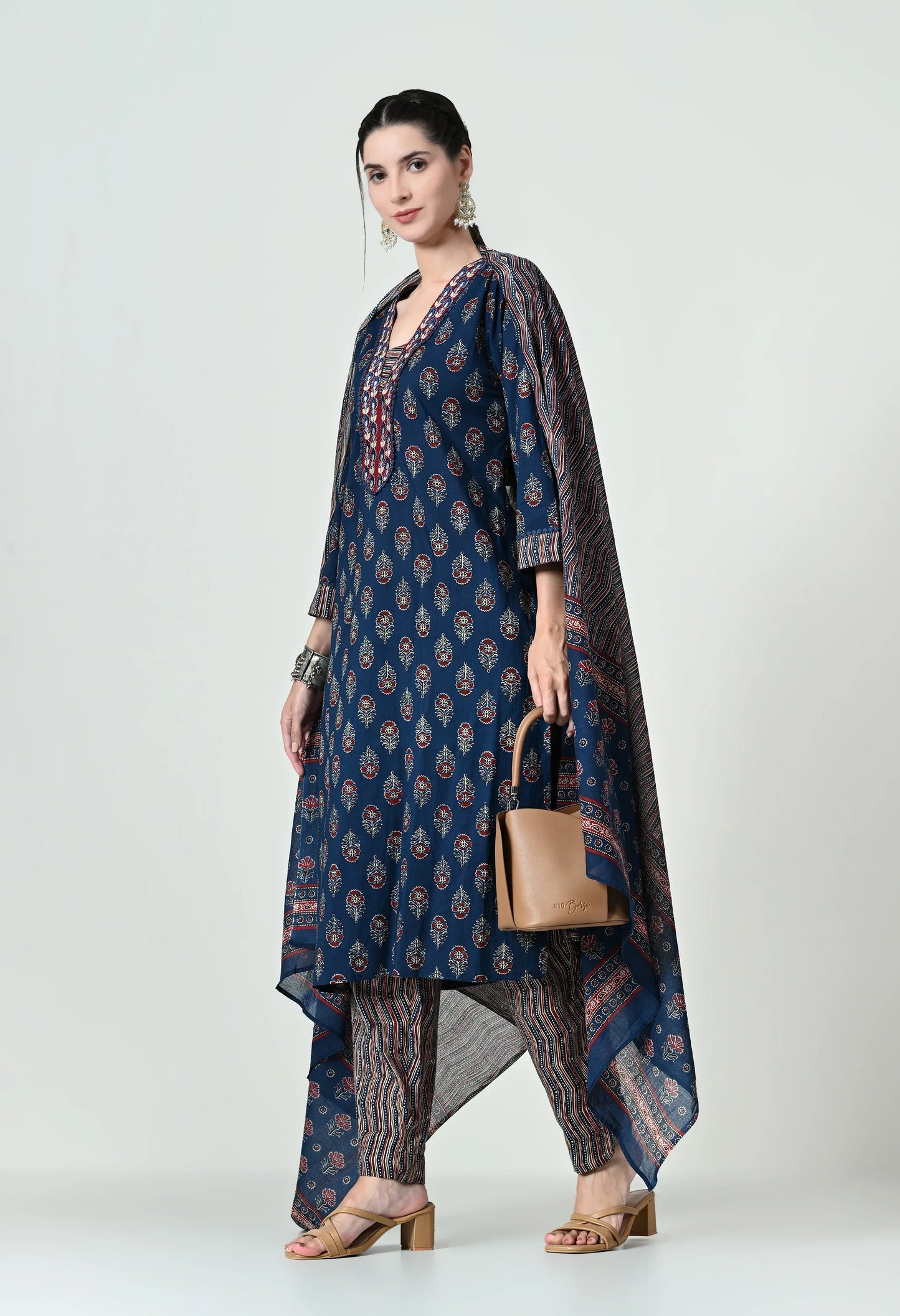 MAURYA Women's 100% Cotton Kalamkari Print Blue Colour Embroidery with Lace Kurta Set with Trendy Dupatta (WMKS004)
