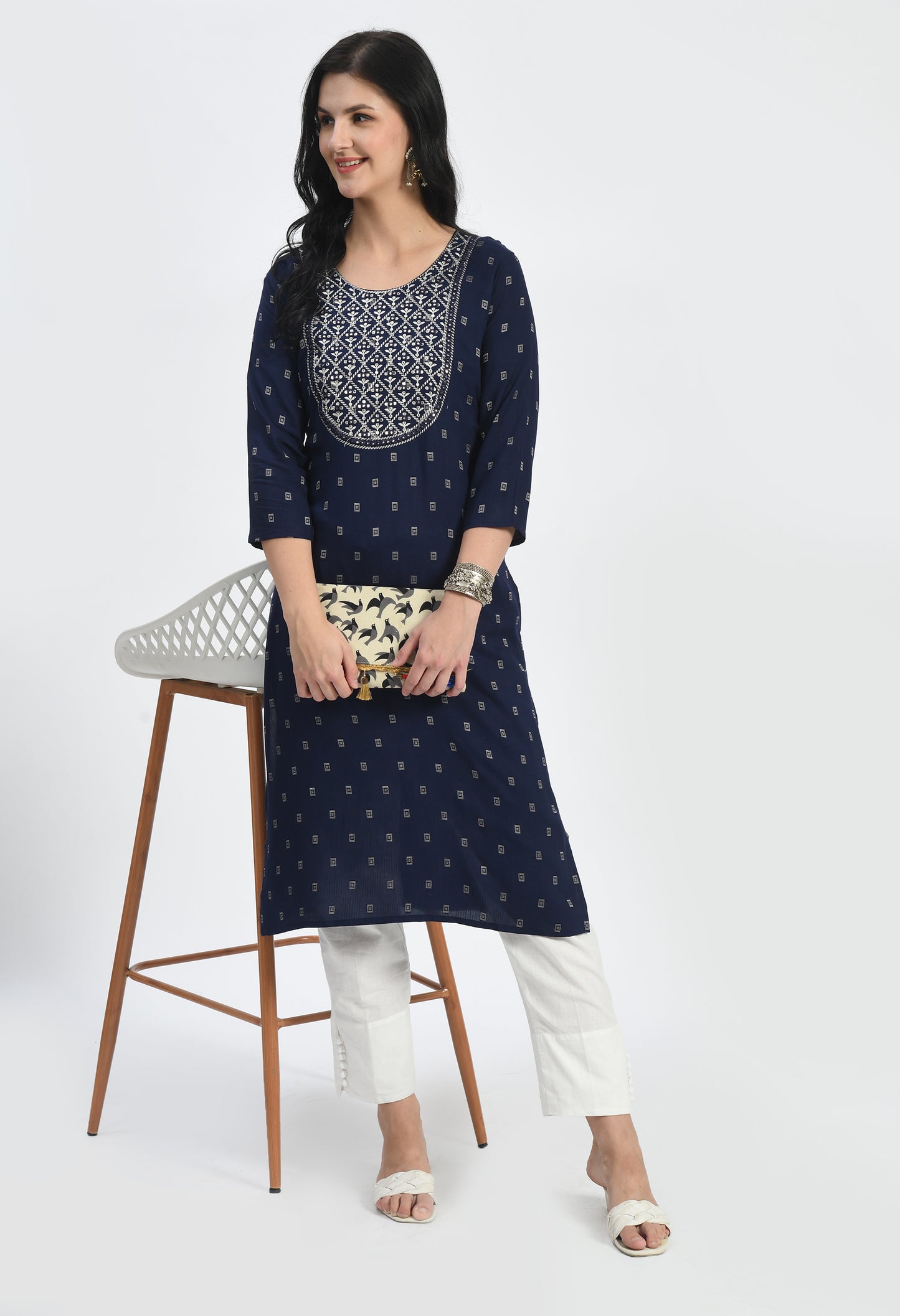 MAURYA Women's Navy Self Rayon Boota Solid Straight Kurta with Computer Embroidery Mirror Work Kurti (MKT112)