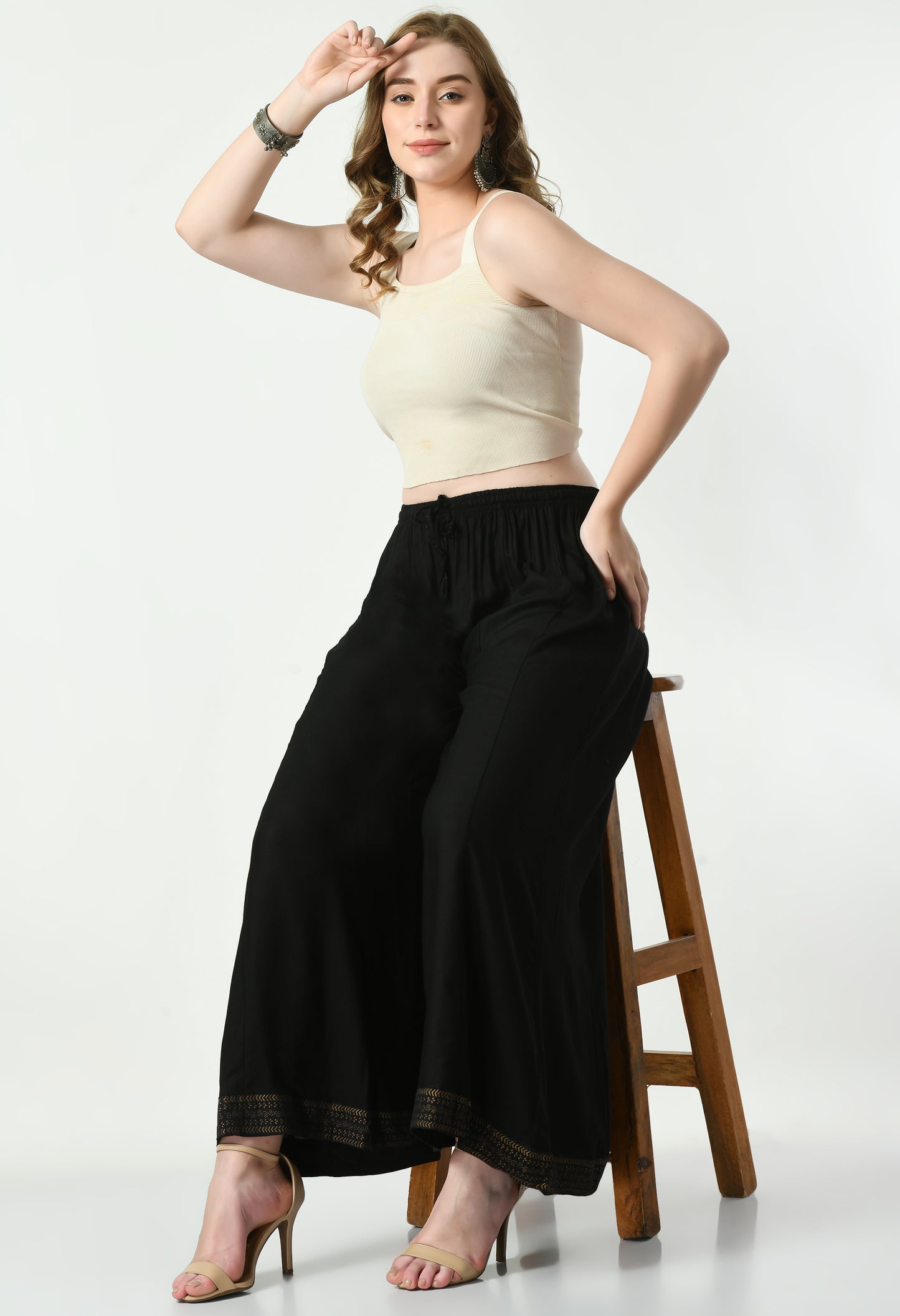 MAURYA Women Solid Rayon Palazzo with Elastic Waist & Lace Hem