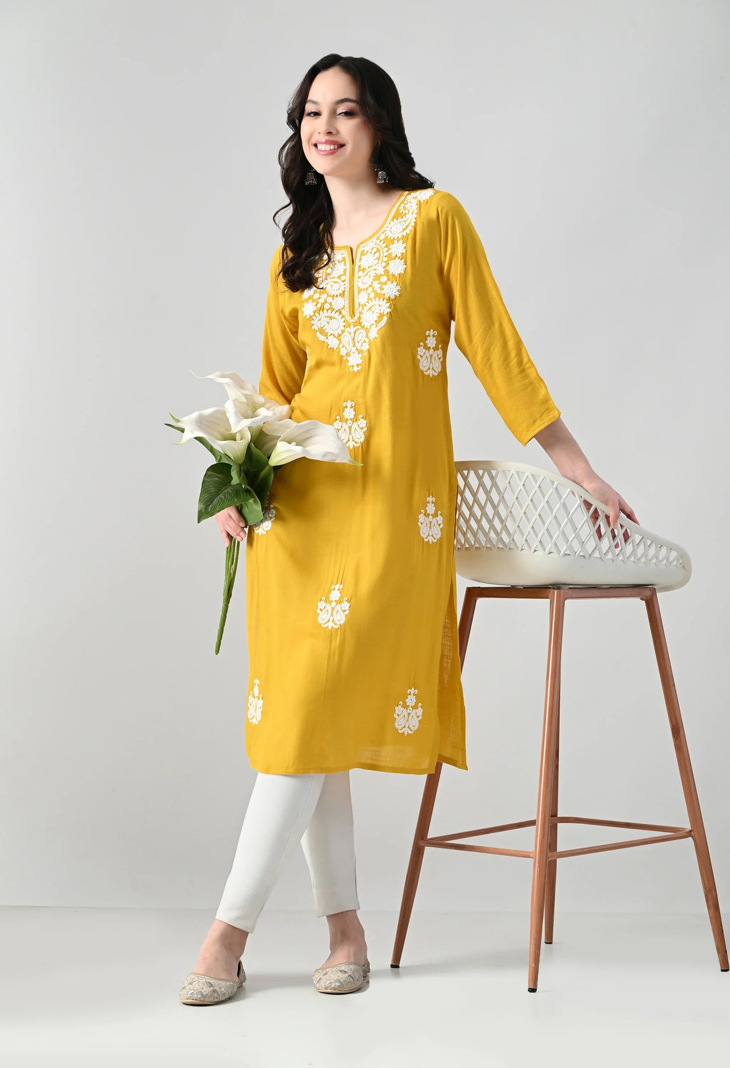 MAURYA Women's Yellow Rayon Slub Round Neck Embroidered Kurti (MKT146)
