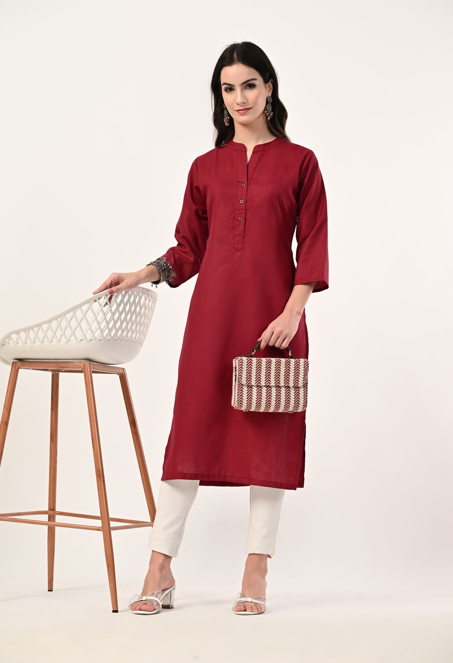 MAURYA Women's Maroon Cotton Blend Solid Straight Kurti (MKT143)