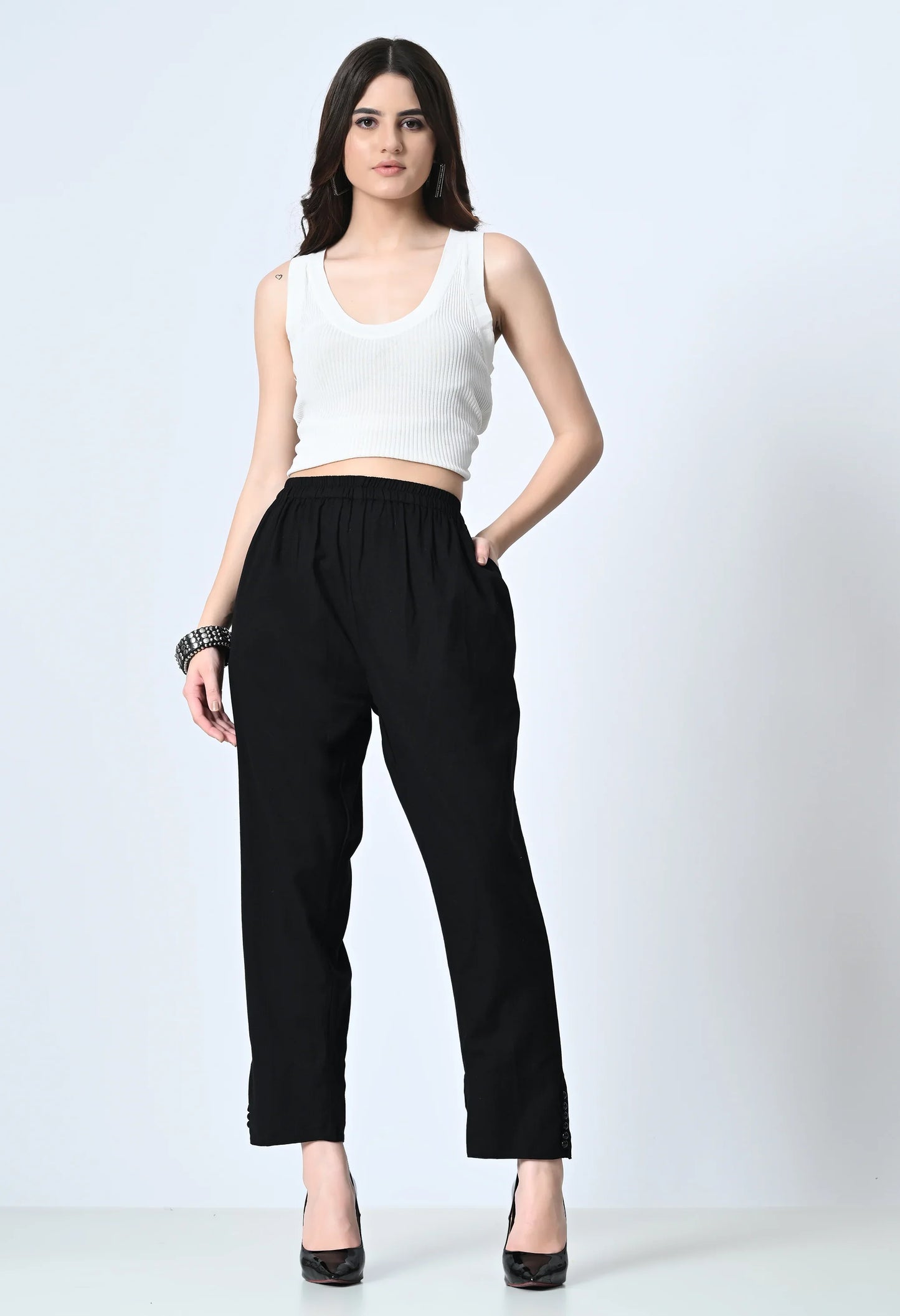 MAURYA Women's Black 100% Cotton Full-Elasticated Waist Regular Pant with 2 Side Pockets (MPT011)