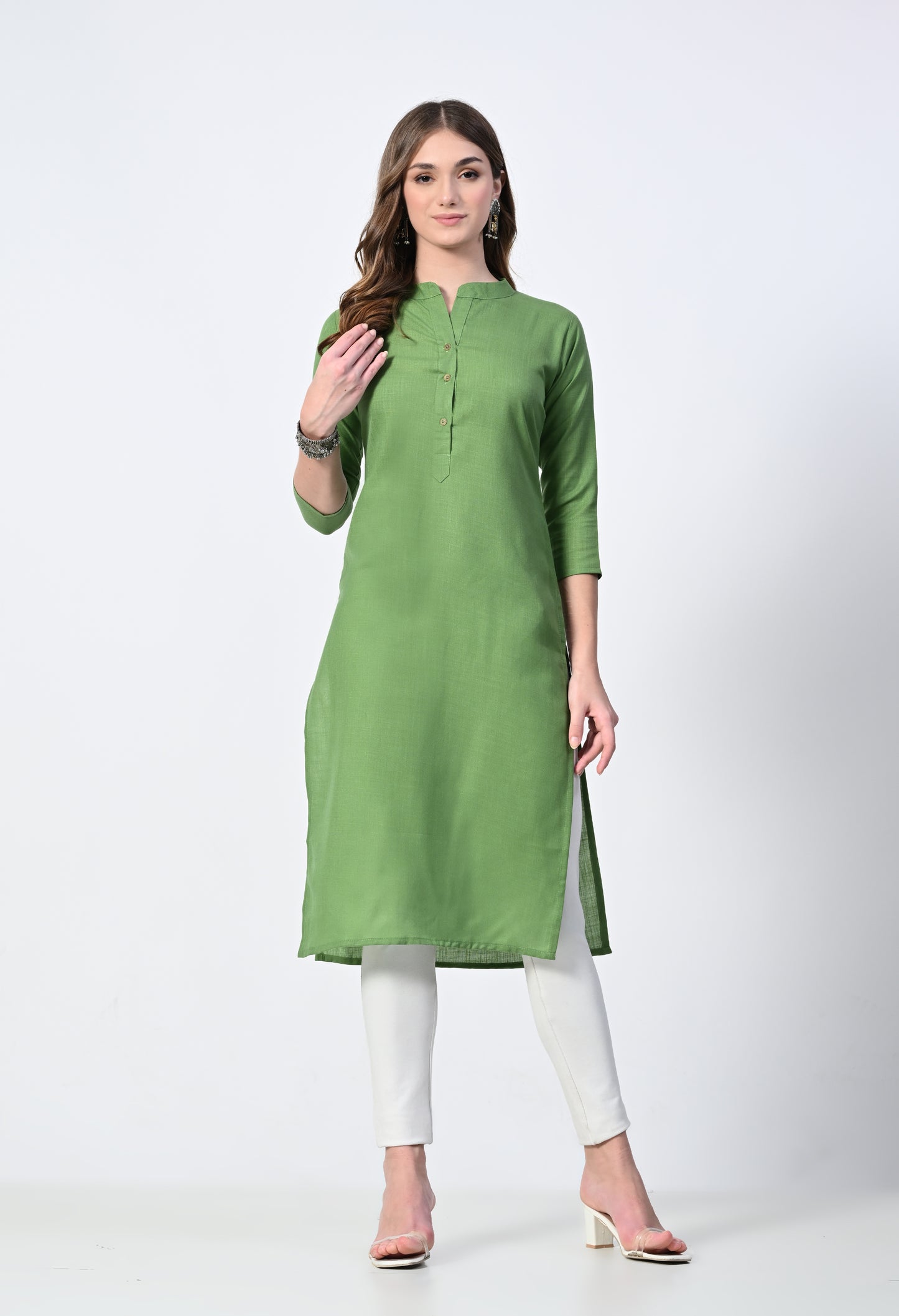 MAURYA Women's Olive Cotton Blend Solid Straight Kurti (MKT144)