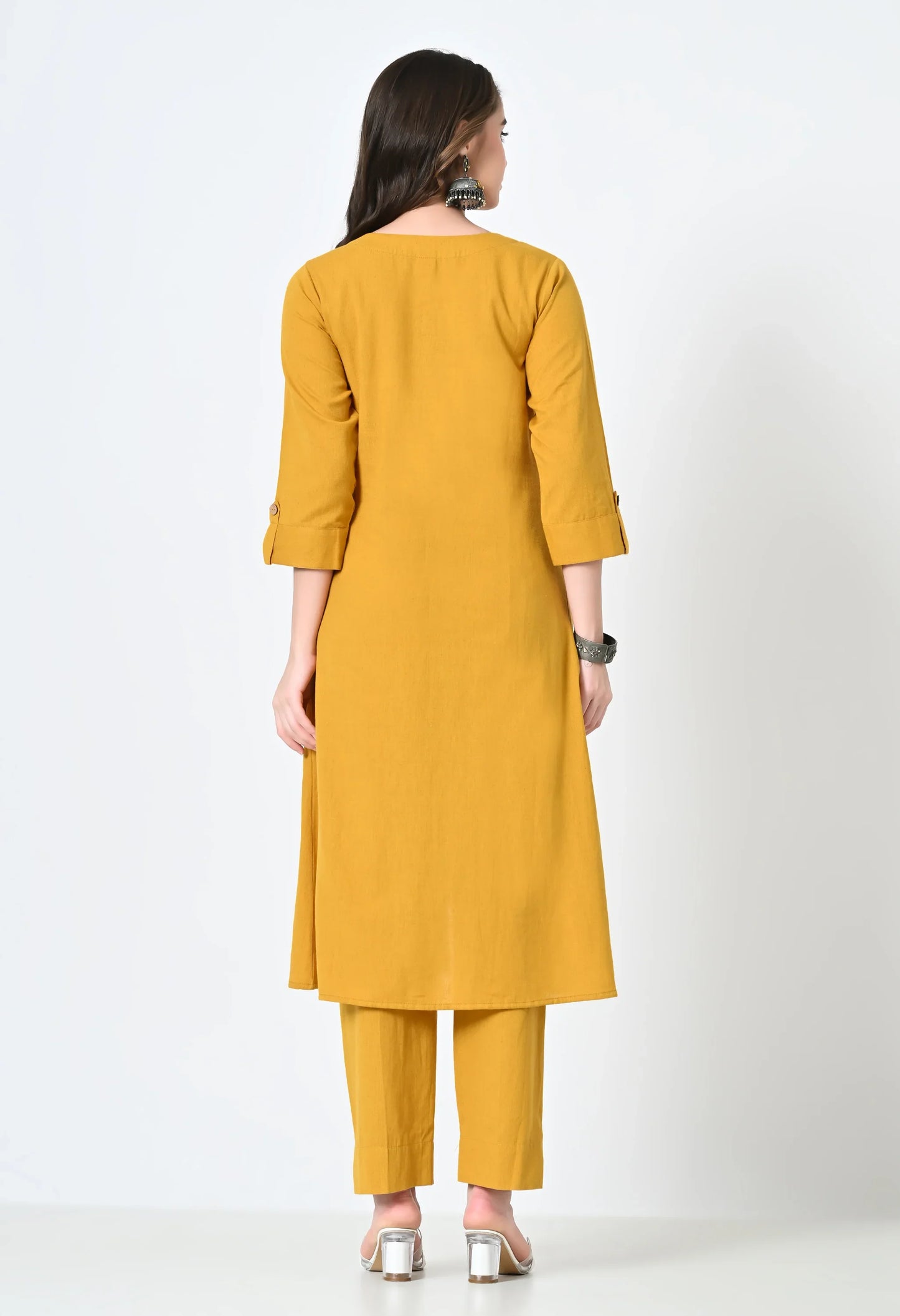 MAURYA Women's Cotton Flex Solid Mustard A line Buttoned Kurta with Pant with 2 Side Pocket (MKS044)