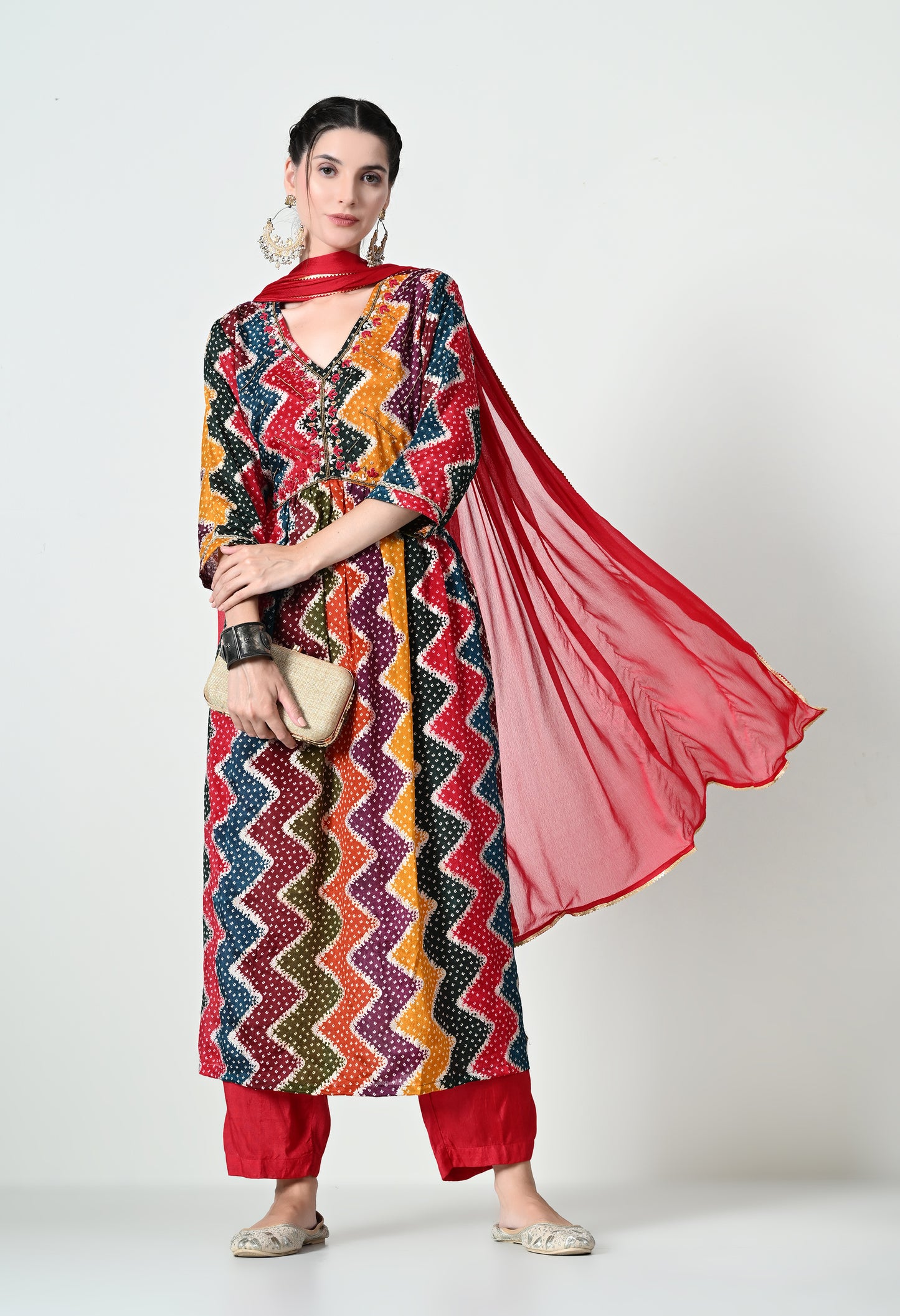 MAURYA Women's Chinon Silk Multicolor Printed V Neck Hand Work Stylish Kurta Set with Dupatta (WMKS008)