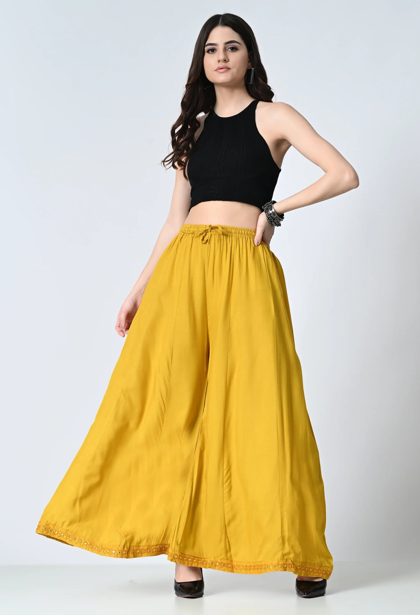 MAURYA Women's Mustard Flared Maxi Palazzo with Elastic Waistband, 39 cm Length (MPL028)