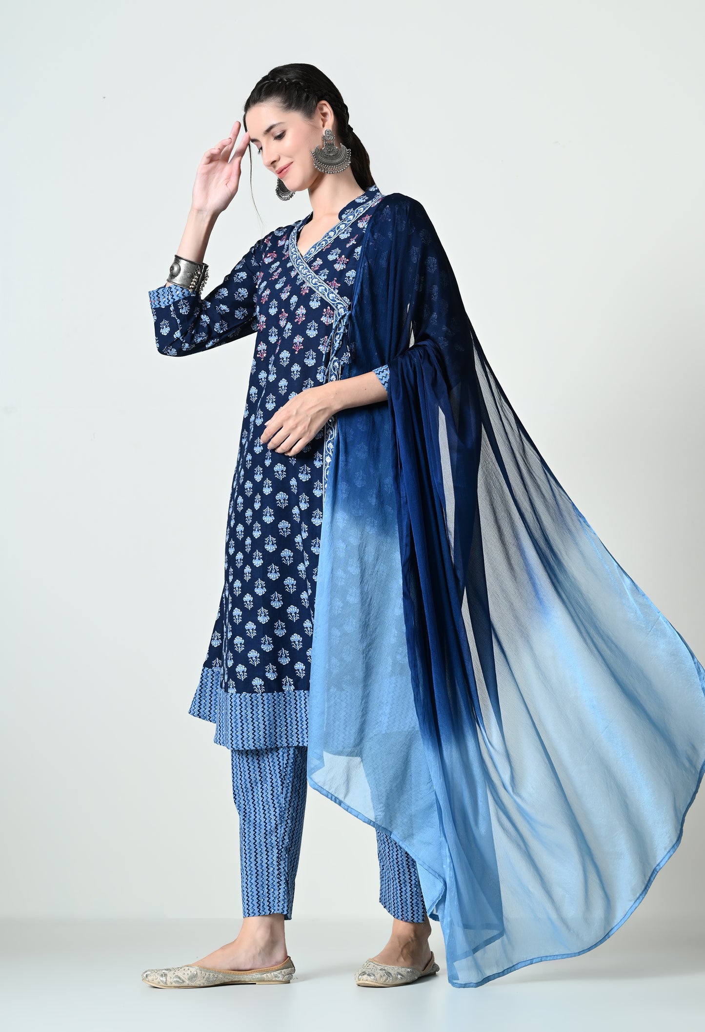 MAURYA Women's Fancy Cotton Blue Indigo Printed Hand Work Angrakhha Neck Kurta Set with Stylish Double Shade Dupatta (WMKS007)