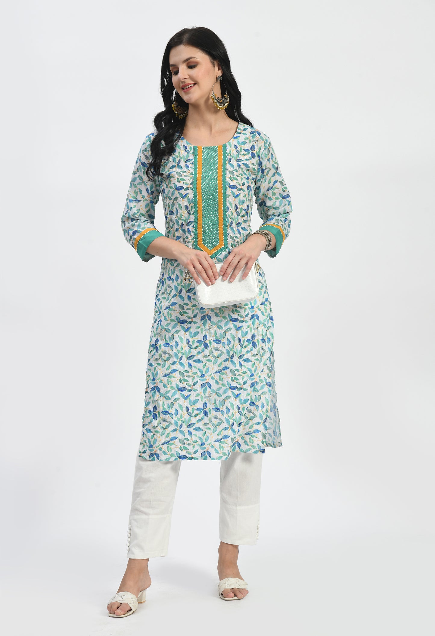 MAURYA Women's Blue Cotton 60*60 Straight Leaf Print Kurta with Shifly Chiken Work Kurti (MKT120)