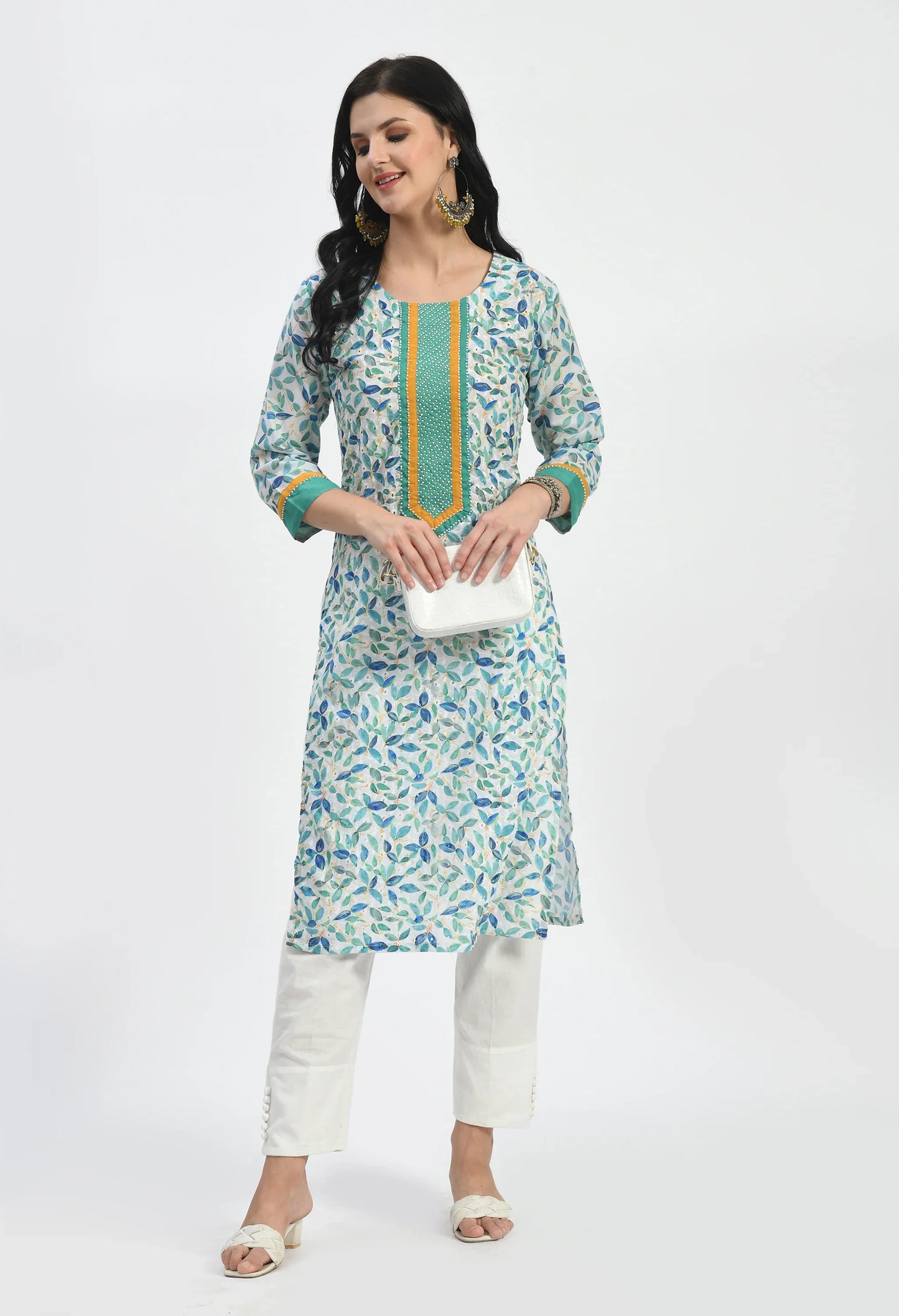 MAURYA Women's Blue Cotton 60*60 Straight Leaf Print Kurta with Shifly Chiken Work Kurti (MKT120)