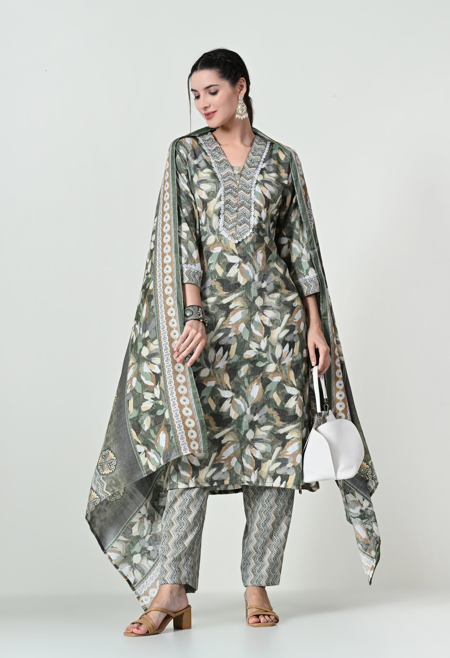 MAURYA Women's Cotton Slub Green Colour Leaf Print Sequence Hand Work Kurta Set with Printed Dupatta (WMKS013)
