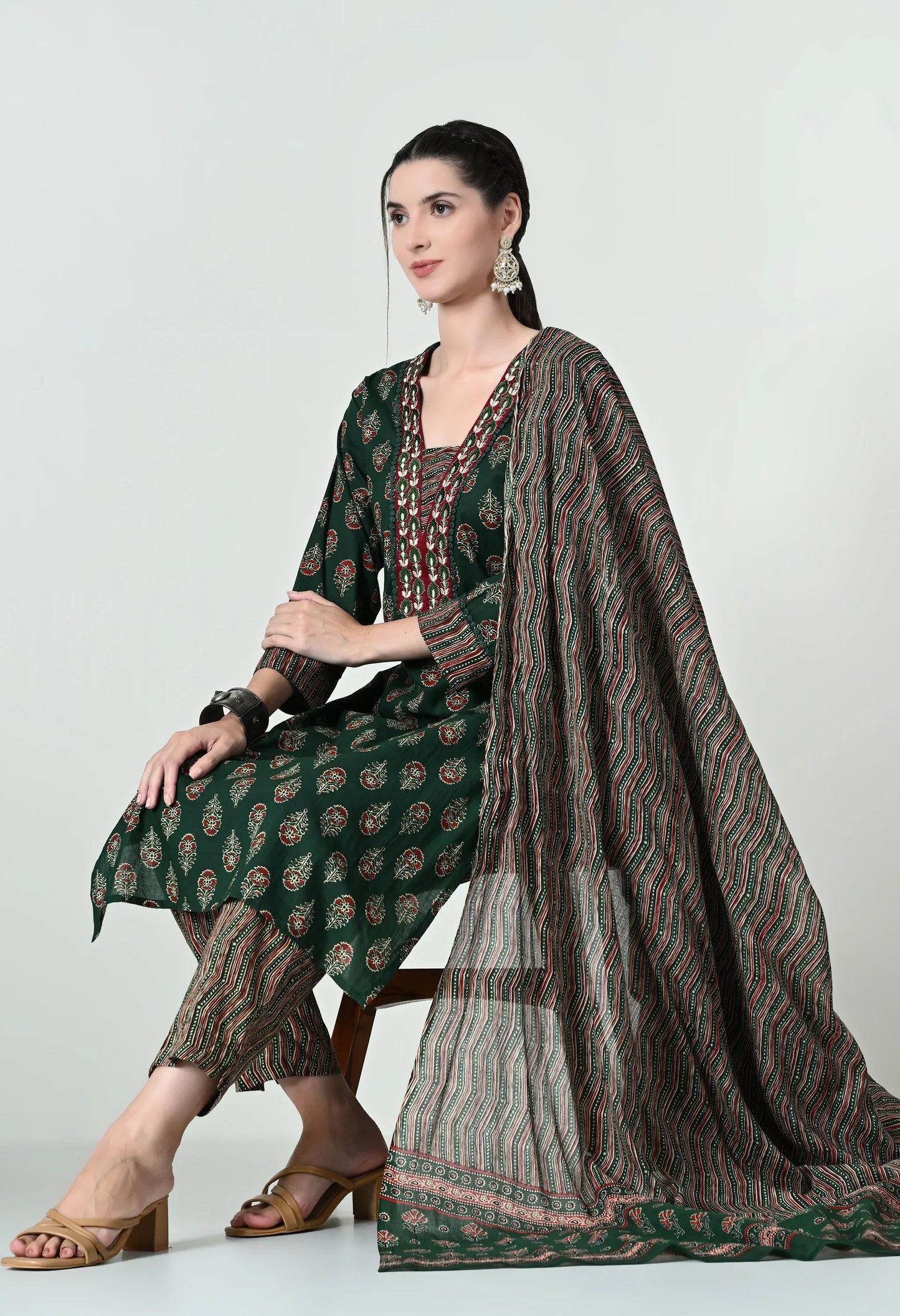 MAURYA Women's 100% Cotton Kalamkari Print Green Colour Embroidery with Lace Kurta Set with Trendy Dupatta (WMKS005)