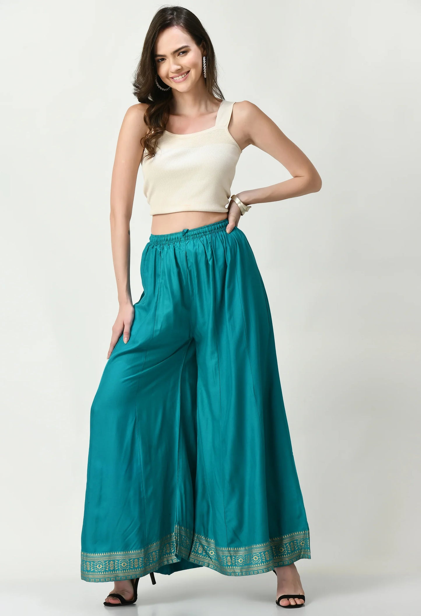 MAURYA Women's Turquise Solid Elasticated Loose Fit Lace Palazzo (MPL012)