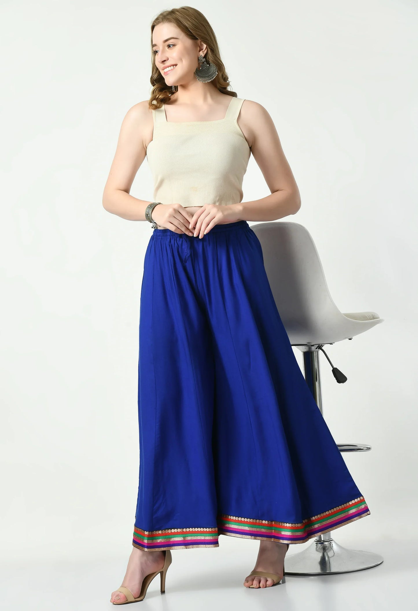 MAURYA Women's Royal Blue Solid Elasticated Loose Fit Lace Palazzo (MPL019)