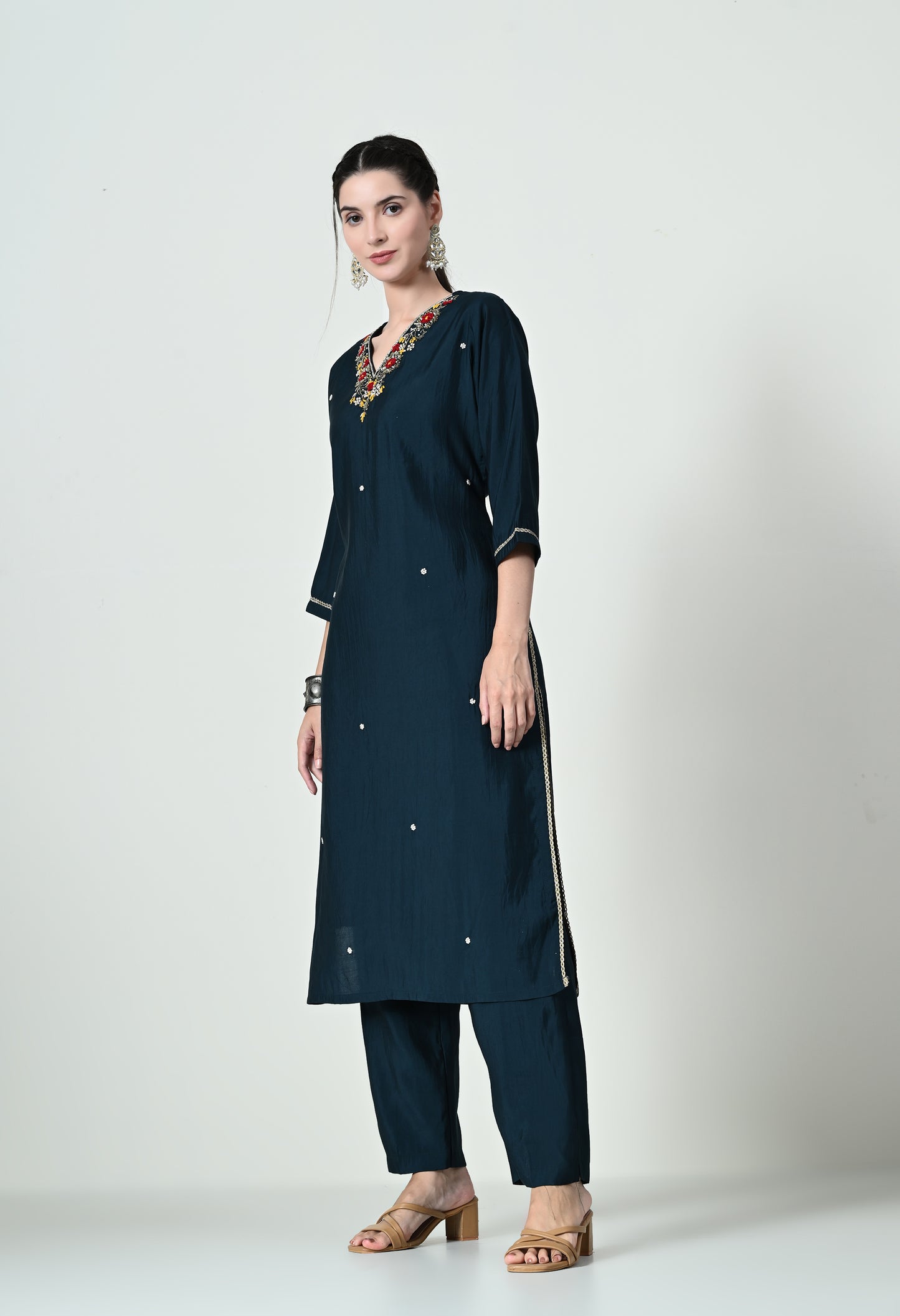 MAURYA Women's Navy Blue Colour Poly Silk Embroidered V-Neck Kurta Set with Stylish Dupatta (WMKS002)