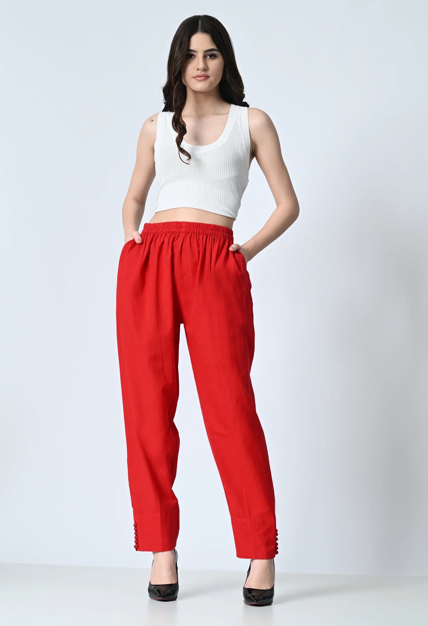 MAURYA Women's Red 100% Cotton Full-Elasticated Waist Regular Pant with 2 Side Pockets (MPT008)