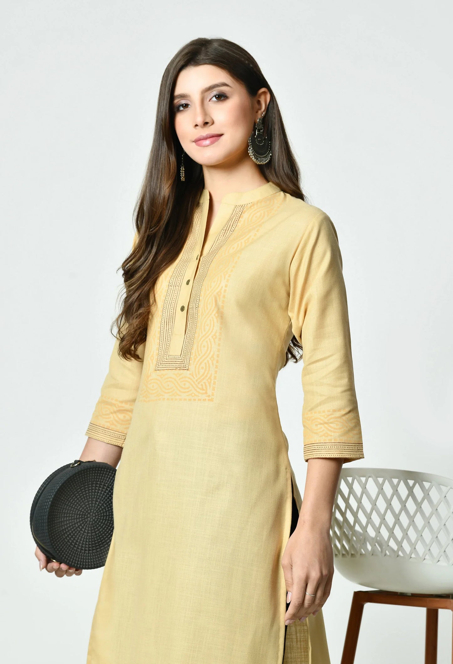 MAURYA Women's Fawn Colour Printed Straight Cotton Kurti (MKT152)