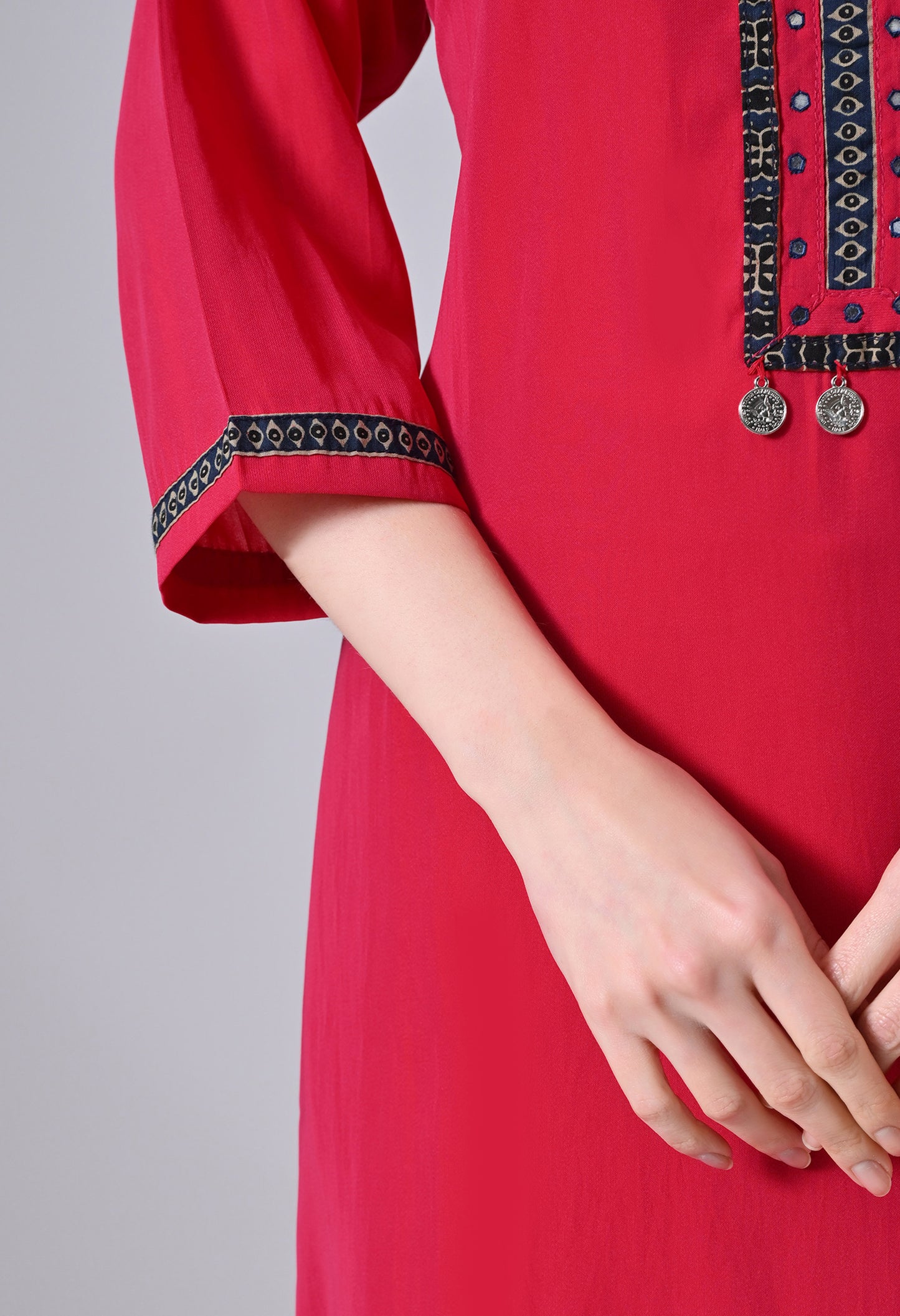 MAURYA Women’s Solid Silk Straight Kurti with Mirror Work Yoke