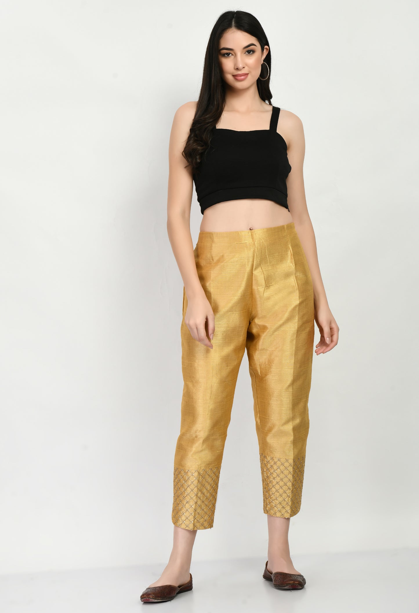 MAURYA Women's Silk Golden Color Cigarette Pant