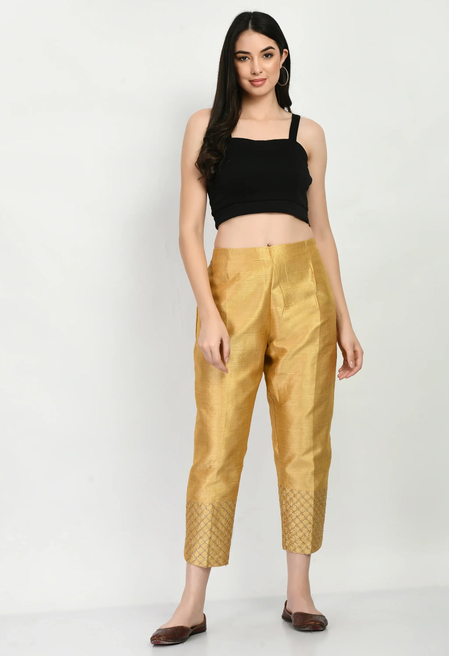 MAURYA Women's Silk Golden Color Cigarette Pant