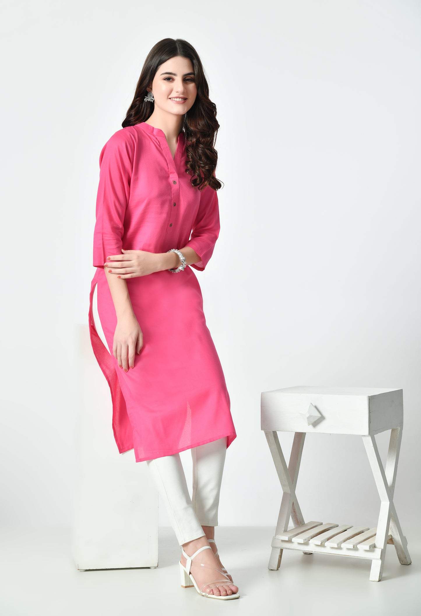 MAURYA Women's Pink Color Solid Cotton Blend Regular Straight Kurti (MKT125)