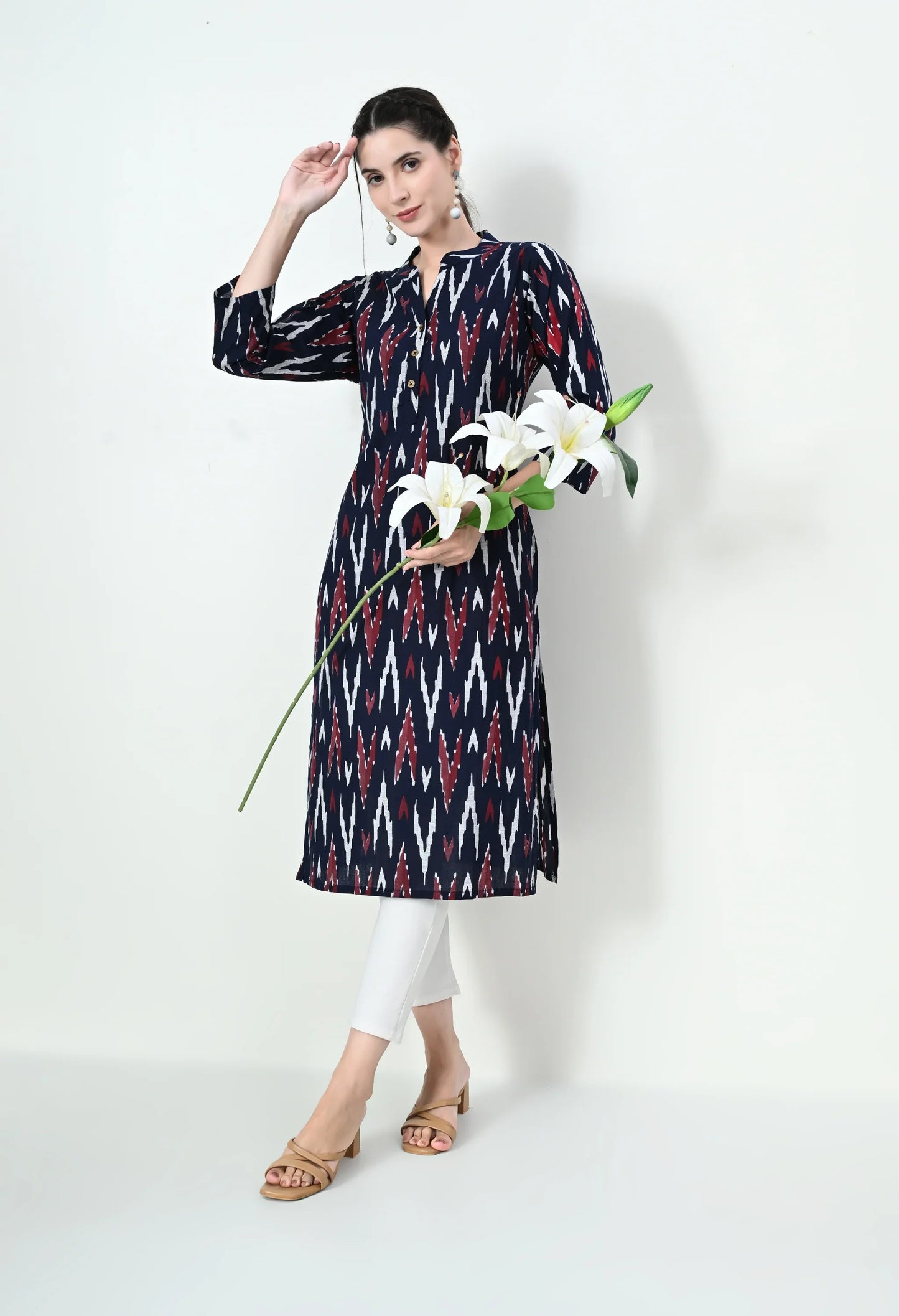 MAURYA Women's Cotton Ikkat Print Navy Blue Calf Length Straight Kurta (MKT140)