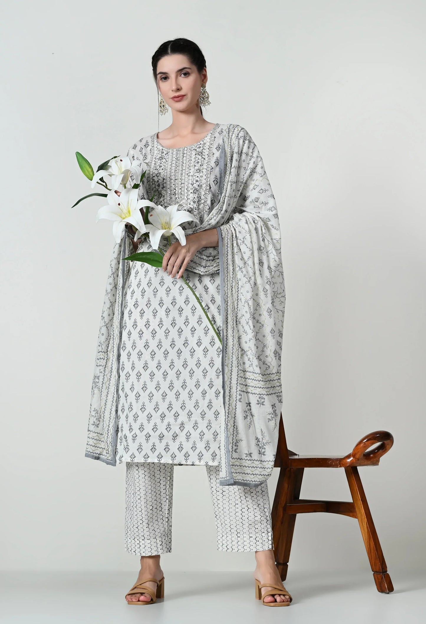 MAURYA Women's 100% Cotton Off White Foil Print Embroidery with Sequence Kurta Set with Dupatta (WMKS011)