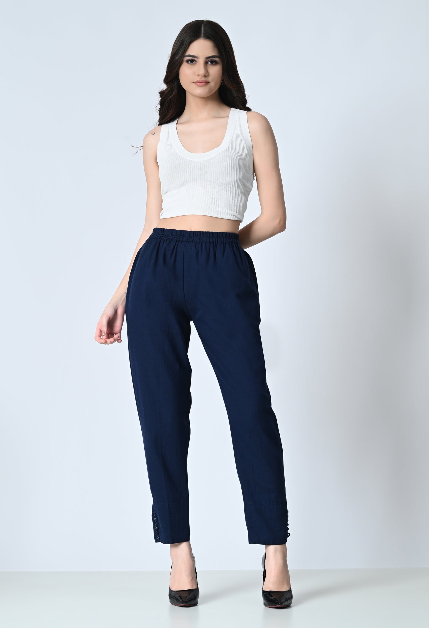 MAURYA Women’s Cotton Straight Fit Pants with Side Pockets & Button Detail