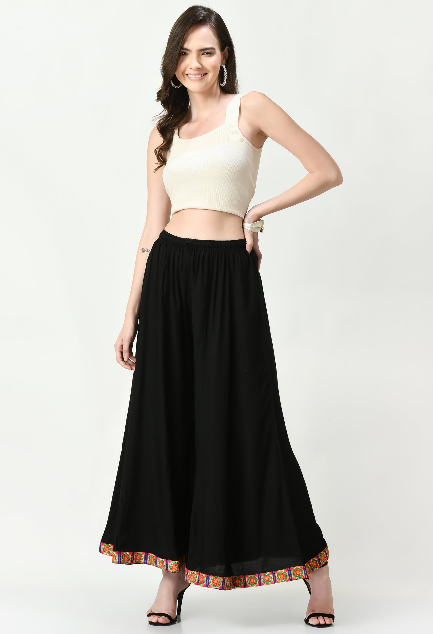 MAURYA Women Solid Rayon Palazzo with Elastic Waist & Lace Hem