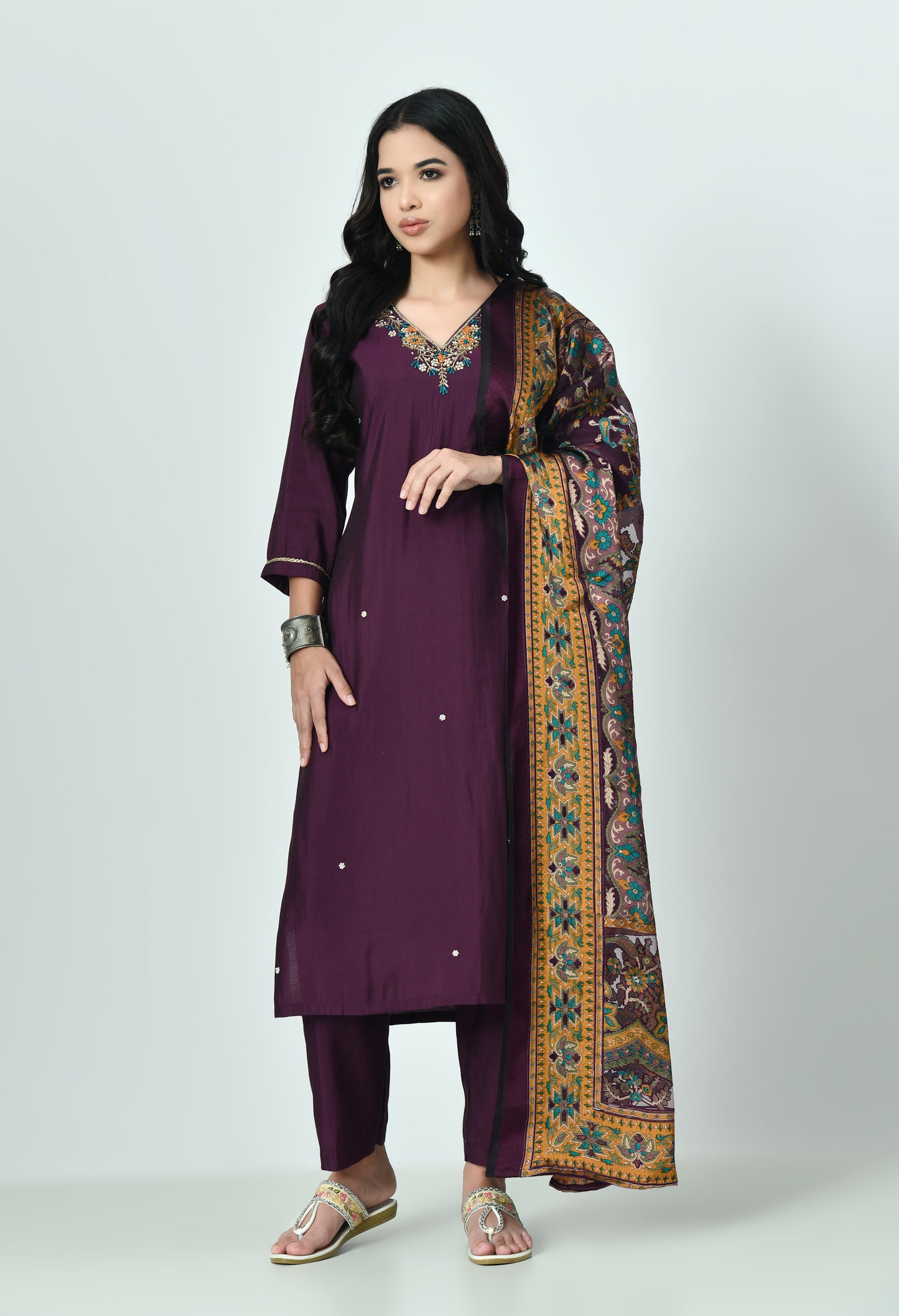 MAURYA Women's Purple Colour Poly Silk Embroidered V-Neck Beautiful Kurta Set with Stylish Dupatta (WMKS001)