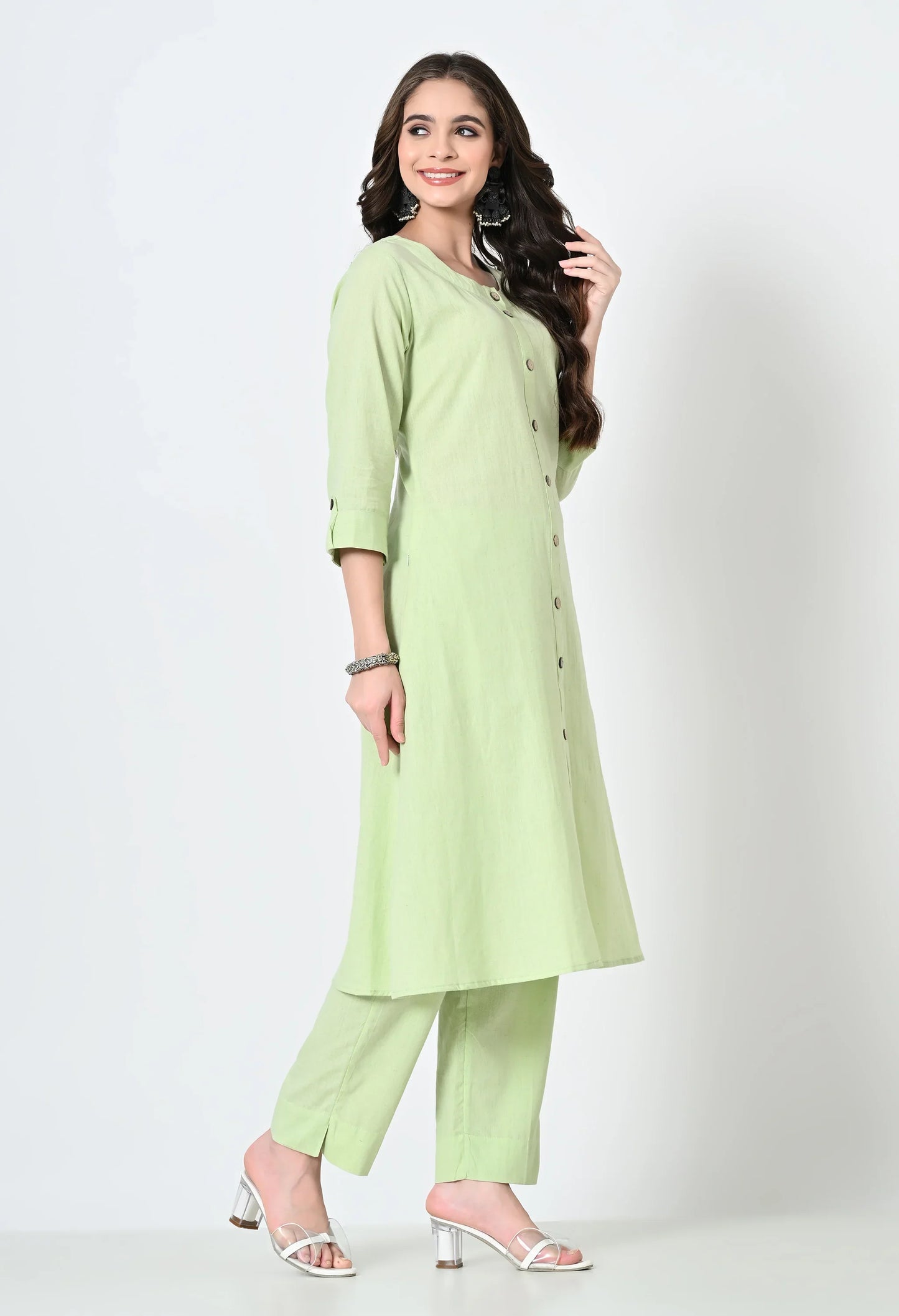 MAURYA Women's Cotton Flex Solid Pista A line Buttoned Kurta with Pant with 2 Side Pocket (MKS045)