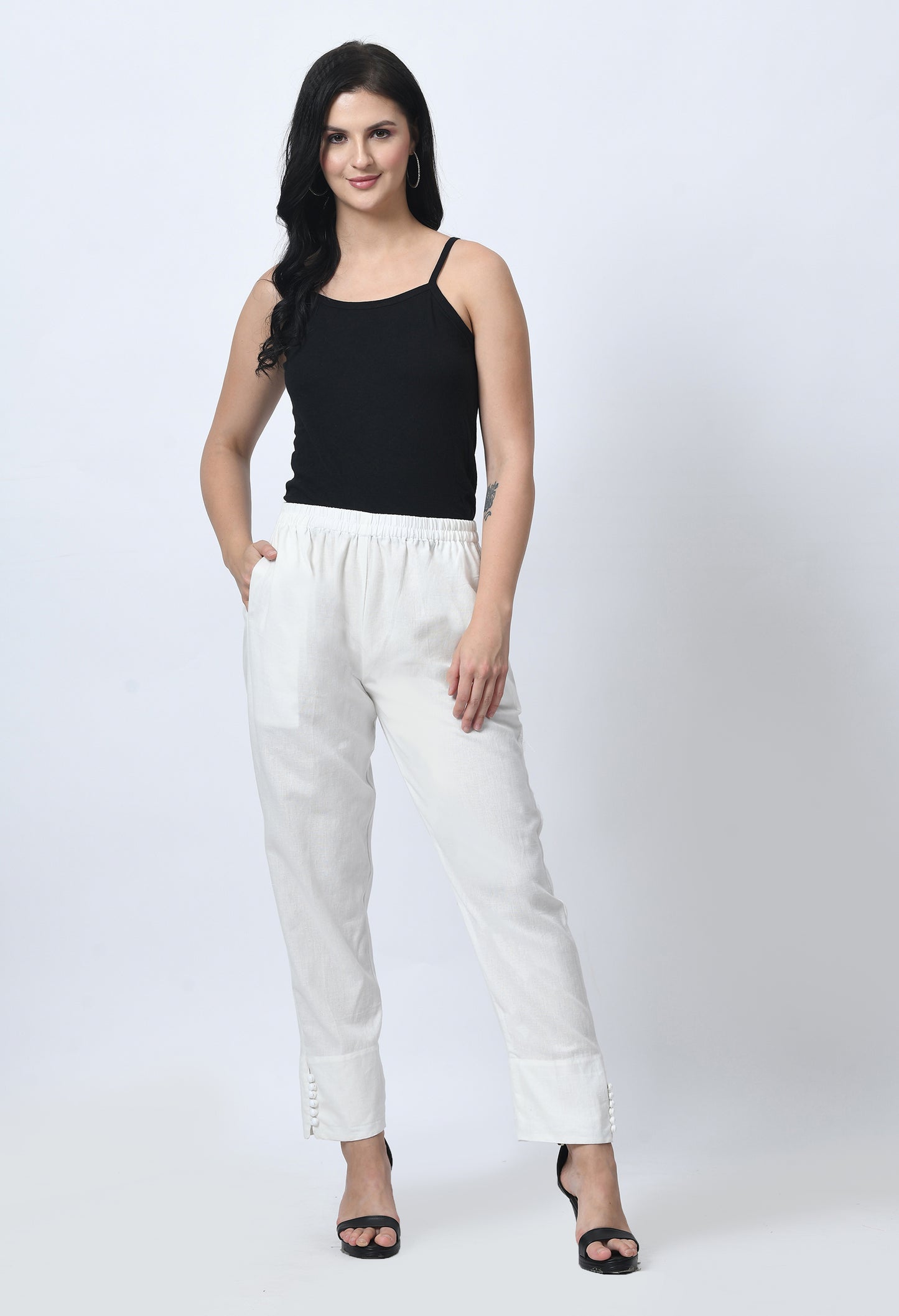MAURYA Women's Off White 100% Cotton Full-Elasticated Waist Regular Pant with 2 Side Pockets (MPT006)