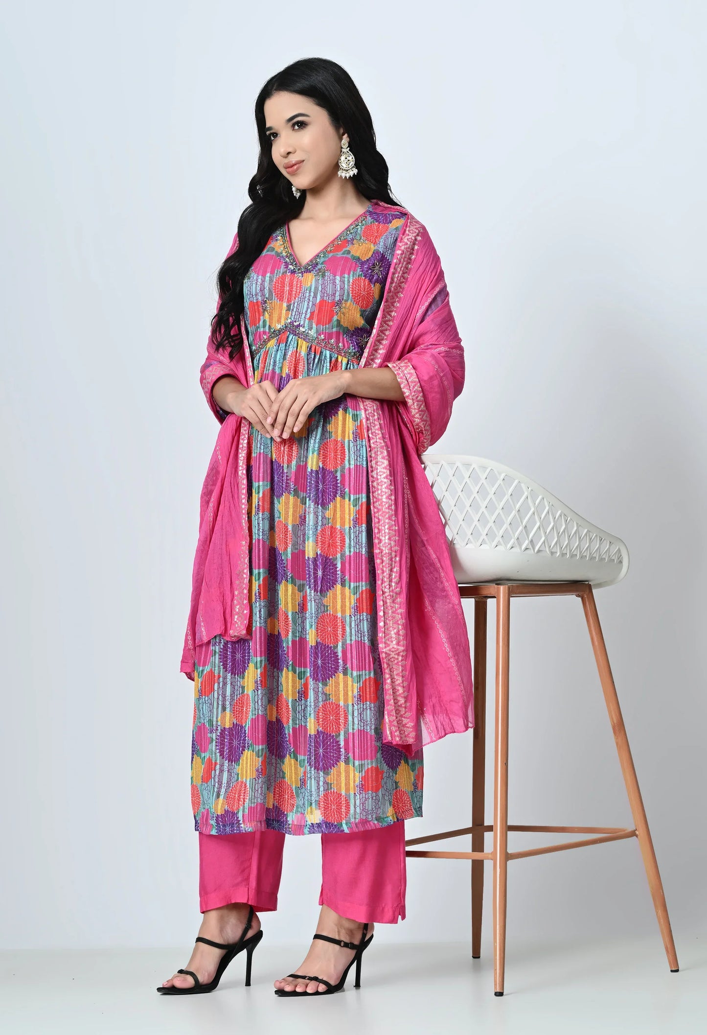 MAURYA Women's Chiffon Pink Colour Hand Work Party Wear Naira Kurta Set with Fancy Sequence Dupatta (WMKS010)