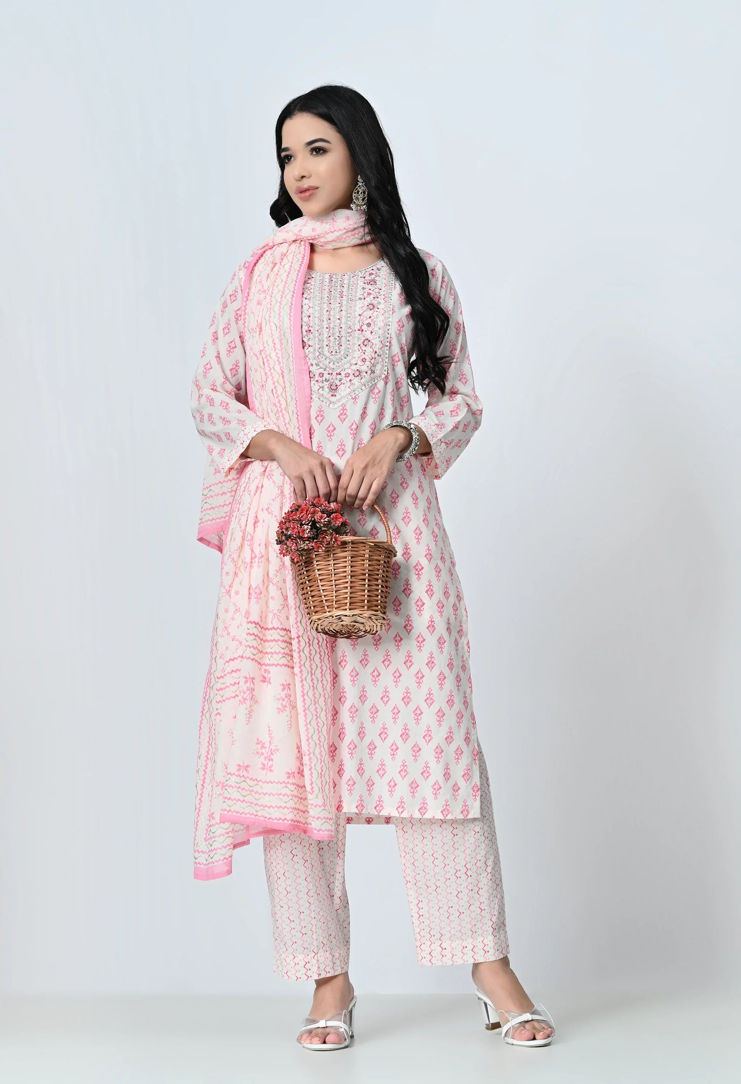 MAURYA Women's 100% Cotton Off Pink Foil Print Embroidery with Sequence Kurta Set with Dupatta (WMKS012)